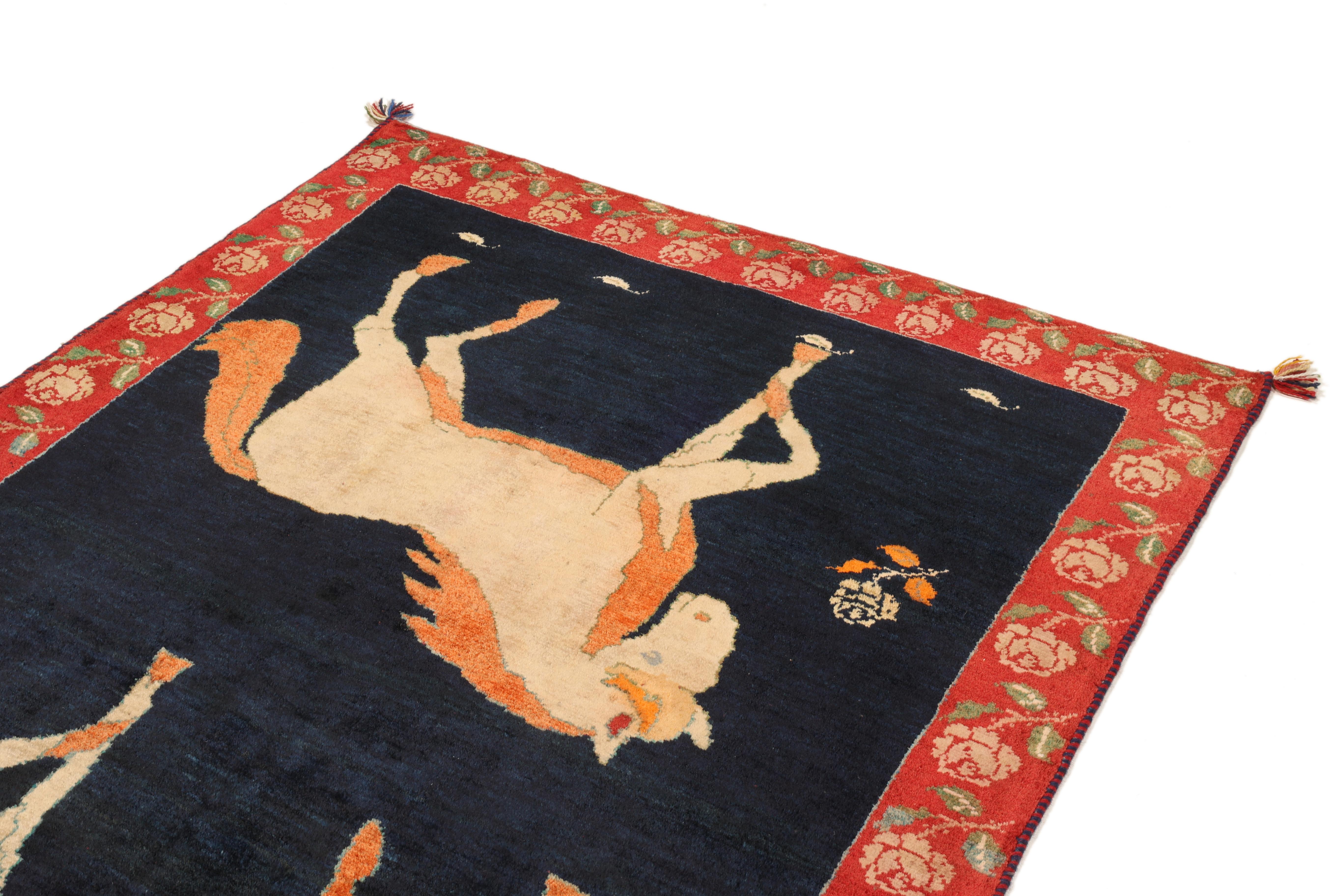 Persian Gabbeh Rug (133 × 204 cm, dark blue, new, horse motif) In Excellent Condition For Sale In North Bergen, NJ