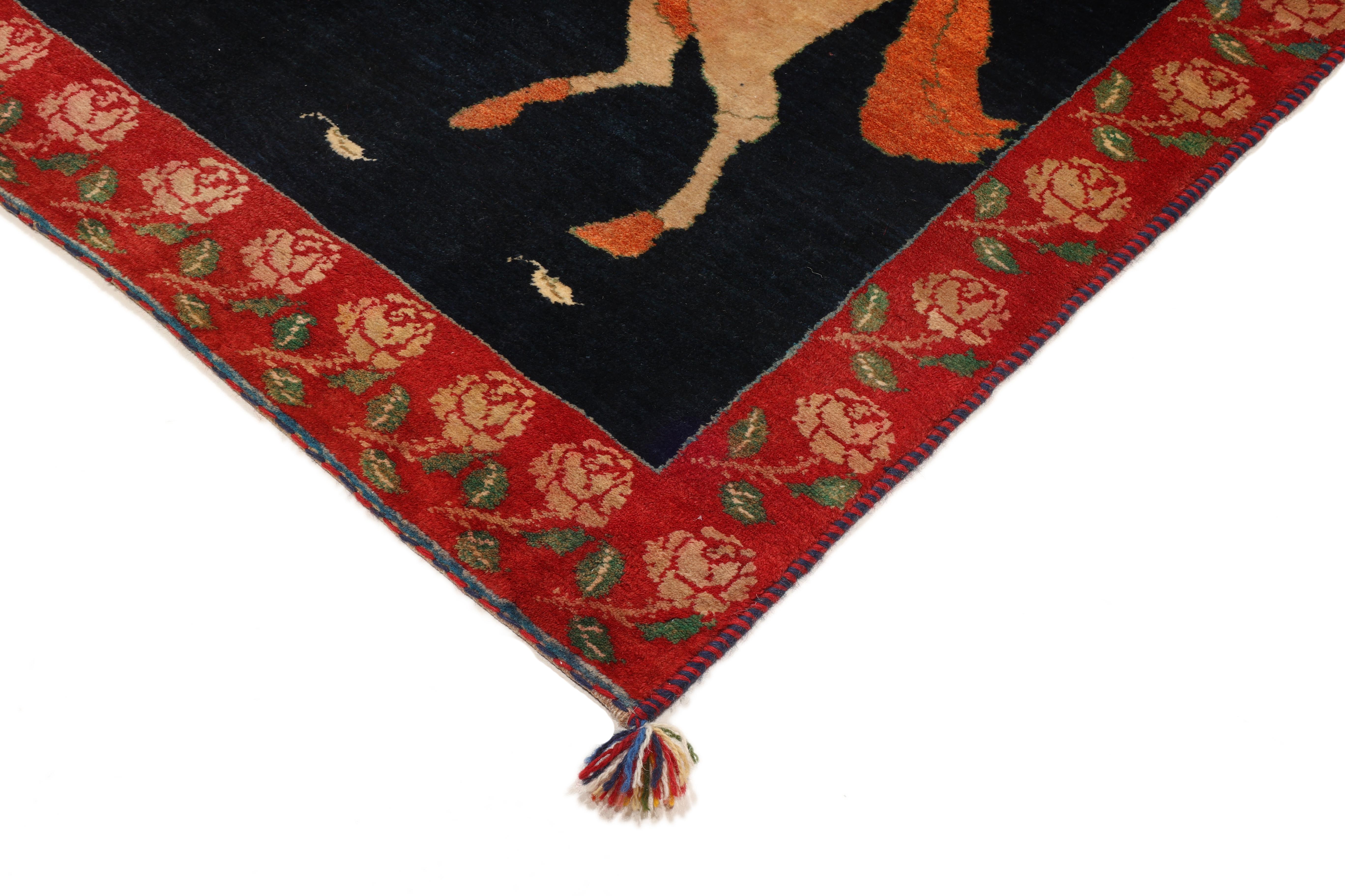 Contemporary Persian Gabbeh Rug (133 × 204 cm, dark blue, new, horse motif) For Sale