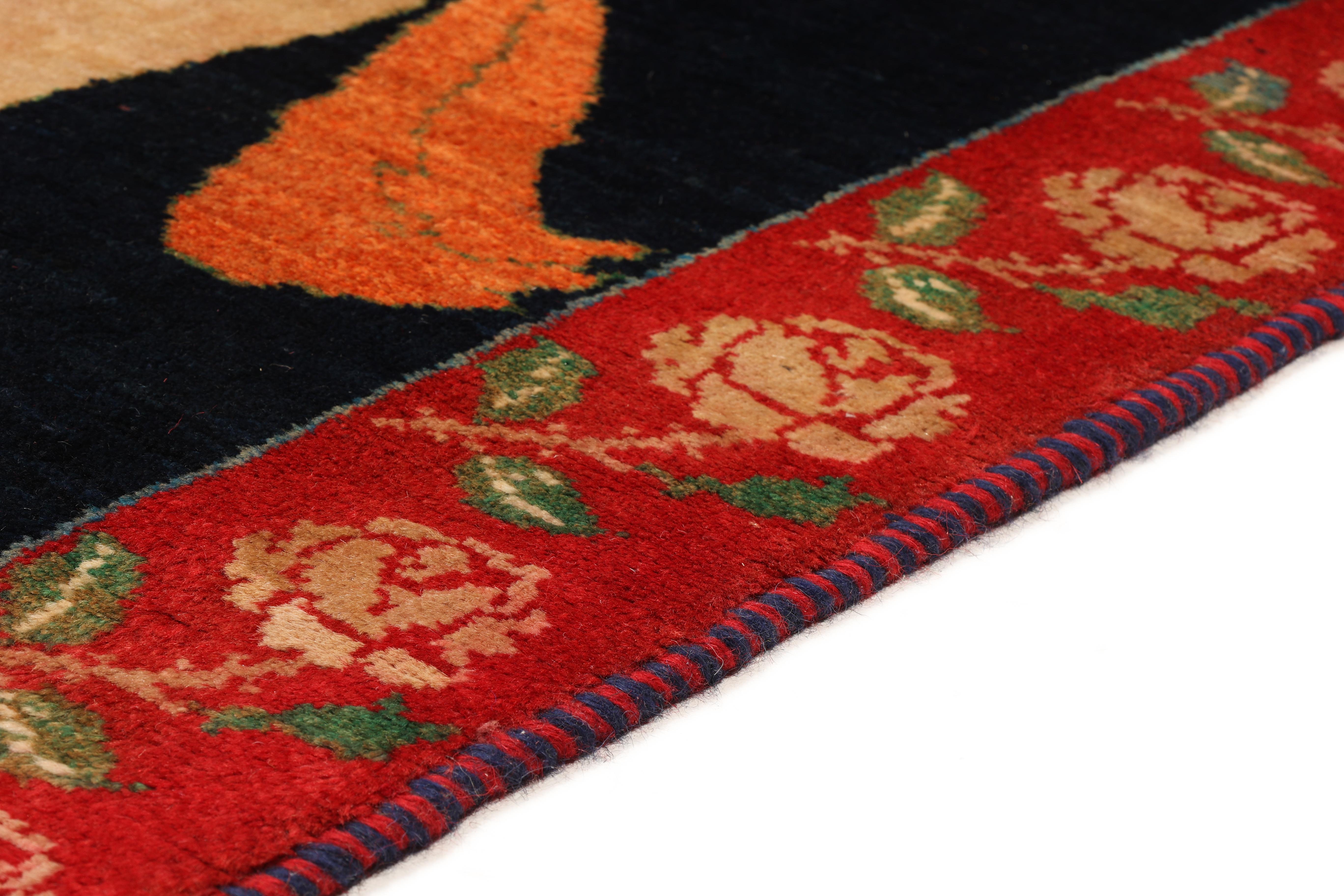 Wool Persian Gabbeh Rug (133 × 204 cm, dark blue, new, horse motif) For Sale