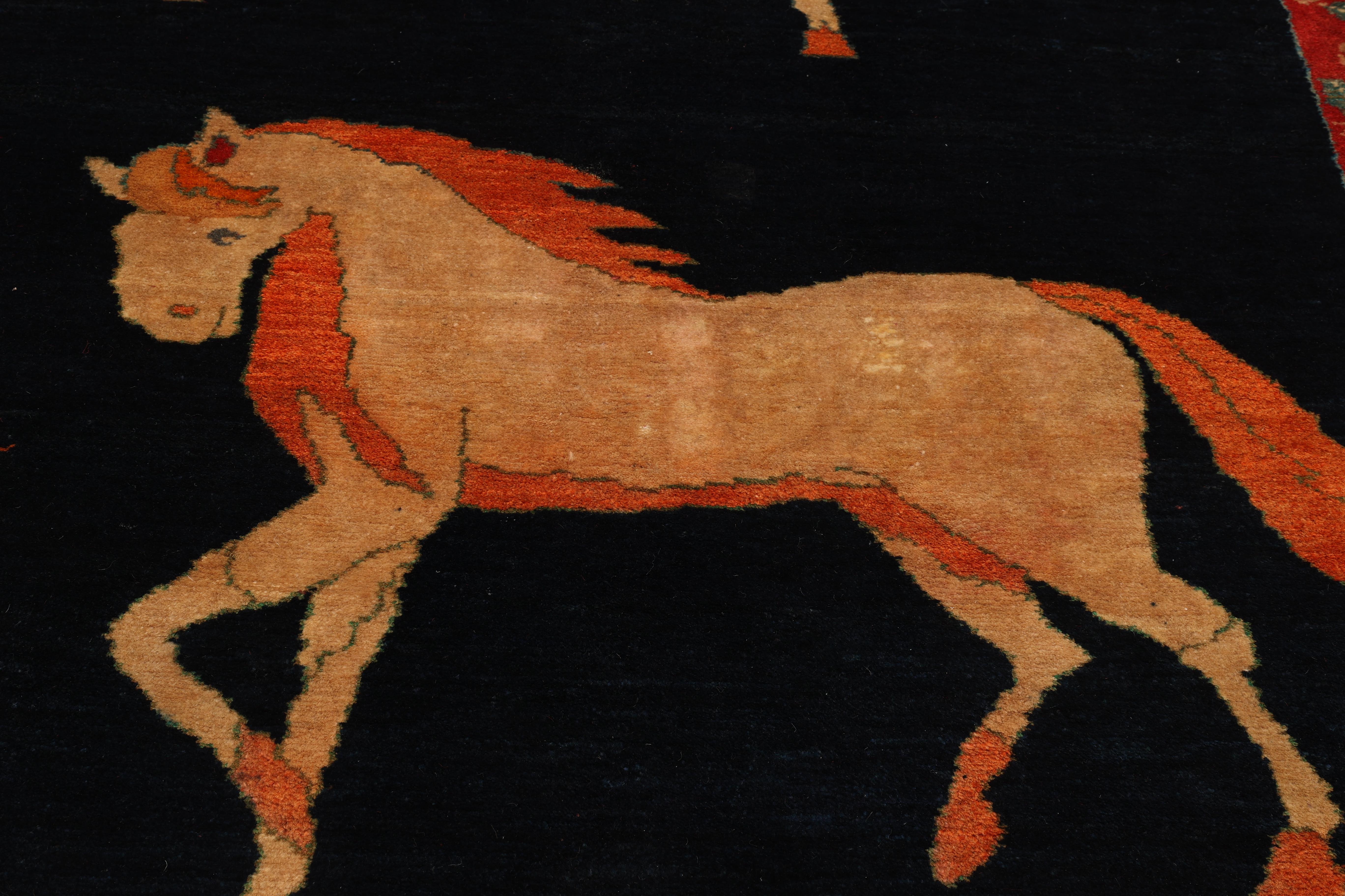 Persian Gabbeh Rug (133 × 204 cm, dark blue, new, horse motif) For Sale 1