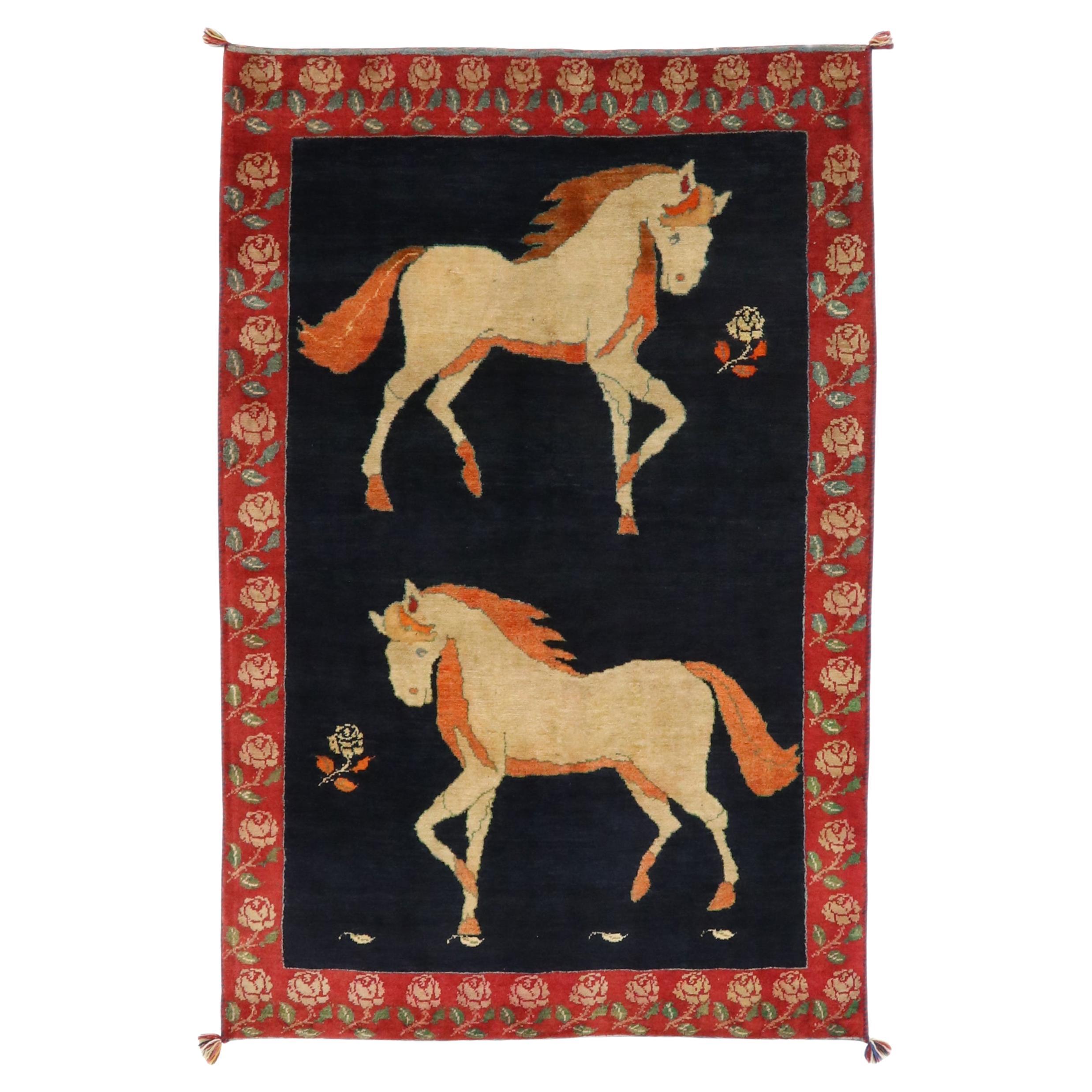 Persian Gabbeh Rug (133 × 204 cm, dark blue, new, horse motif) For Sale