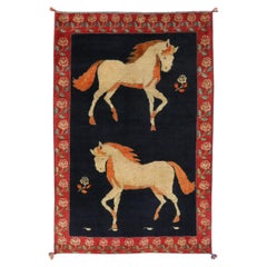 Persian Gabbeh Rug (133 × 204 cm, dark blue, new, horse motif)