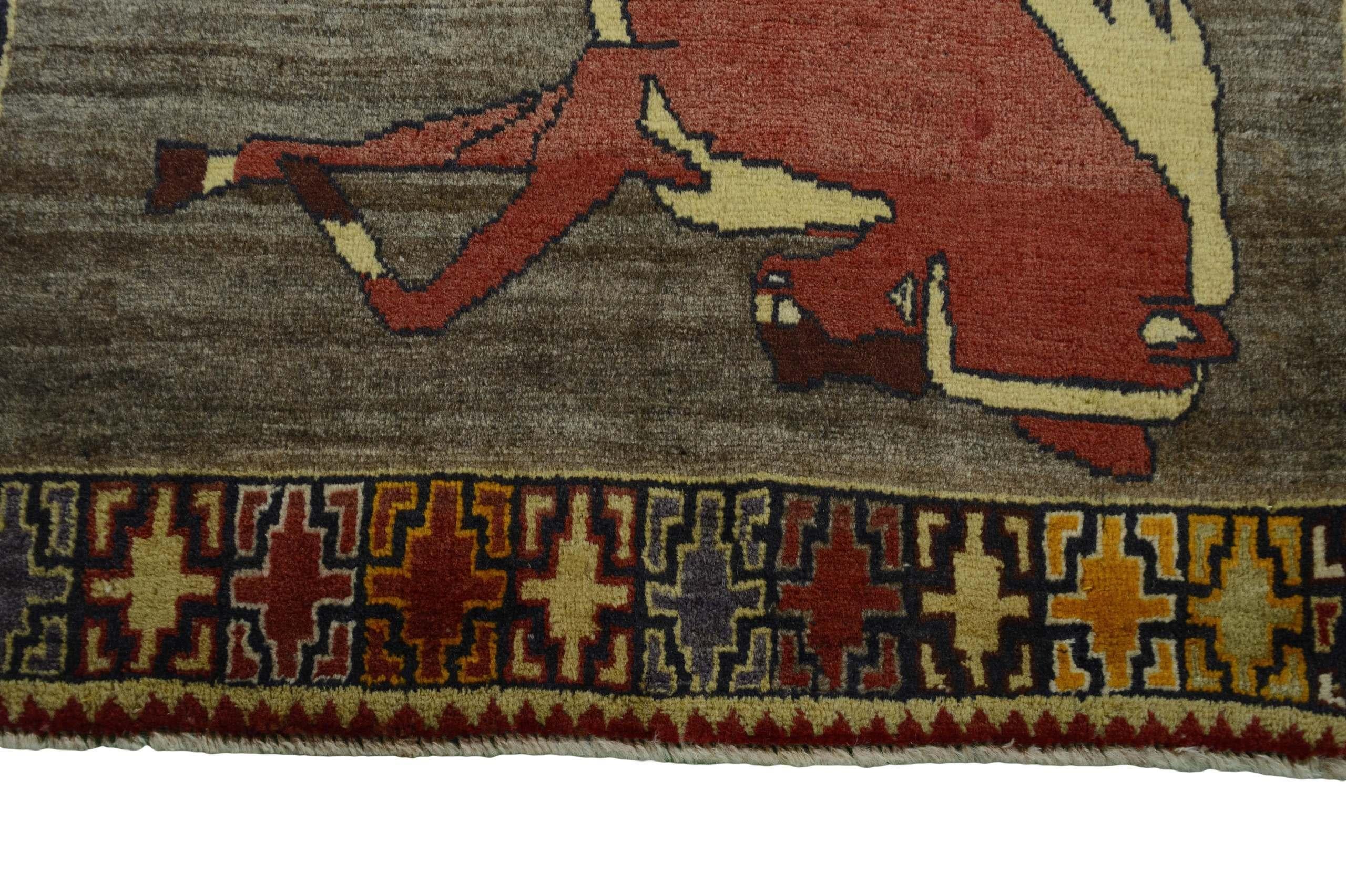 Persischer Gabbeh-Teppich (186cm x 100 cm, Pferdemotiv, grau-braun, neu) (Wolle) im Angebot