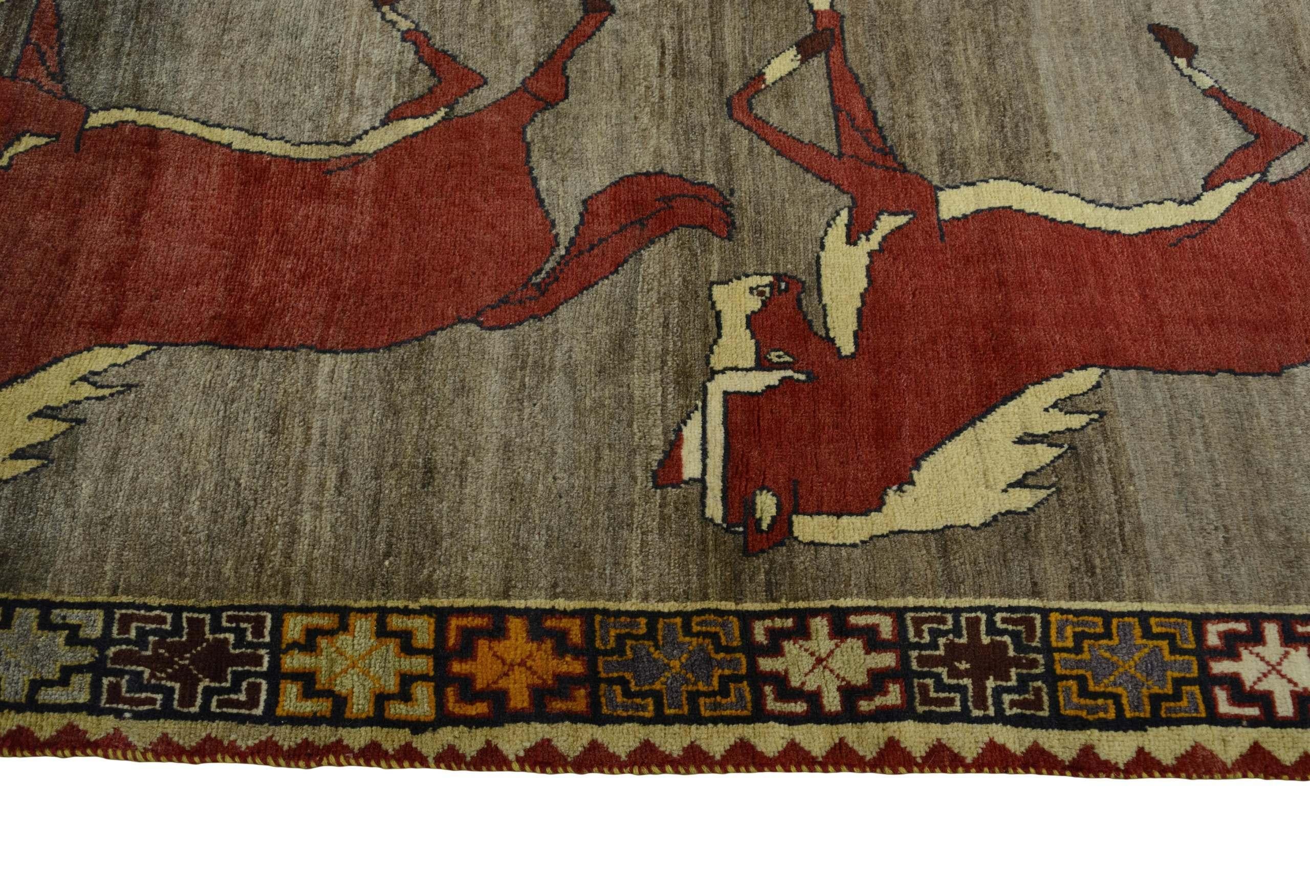 Persischer Gabbeh-Teppich (186cm x 100 cm, Pferdemotiv, grau-braun, neu) im Angebot 1
