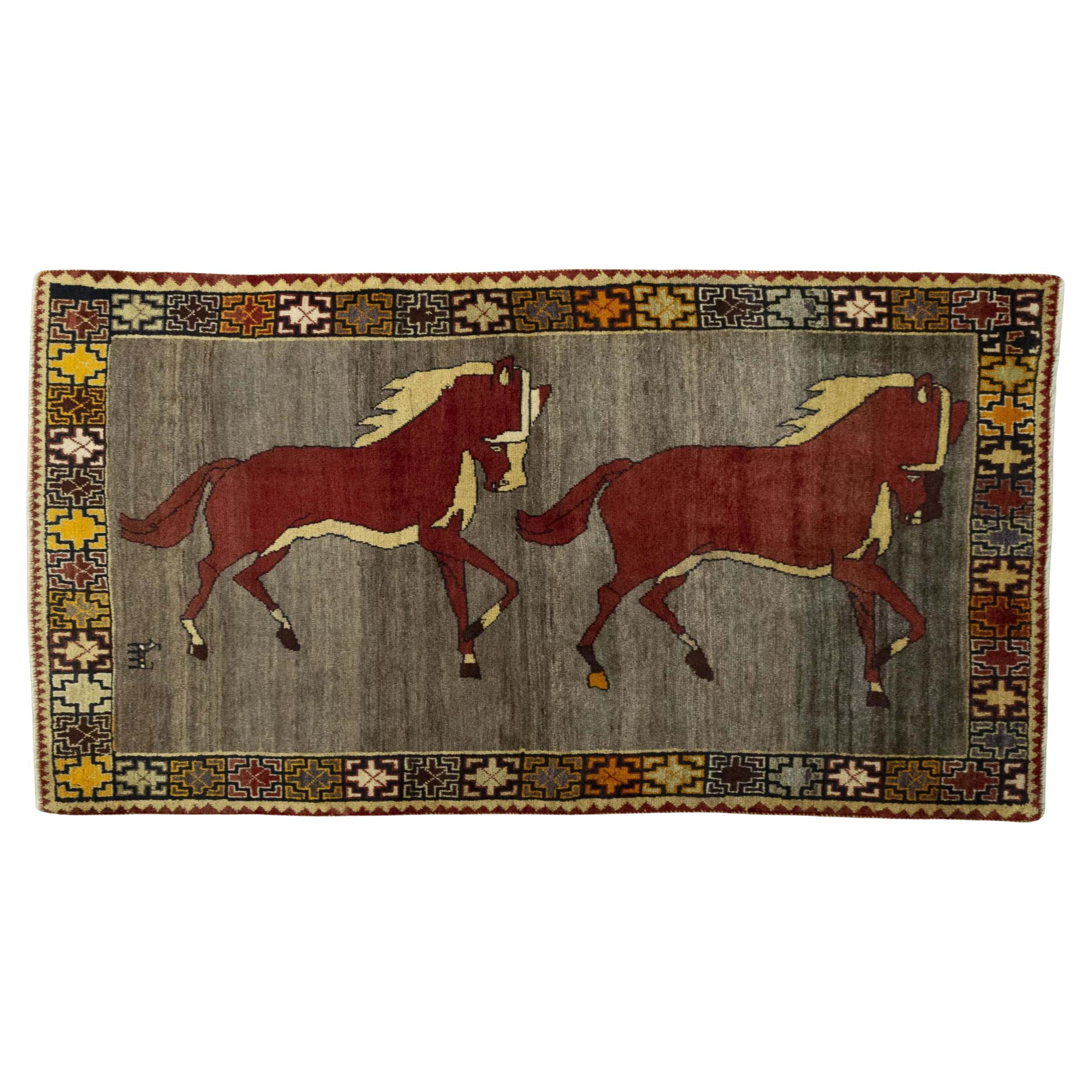 Persian Gabbeh Rug (186cm x 100 cm, horse motif, grey-brown, new)