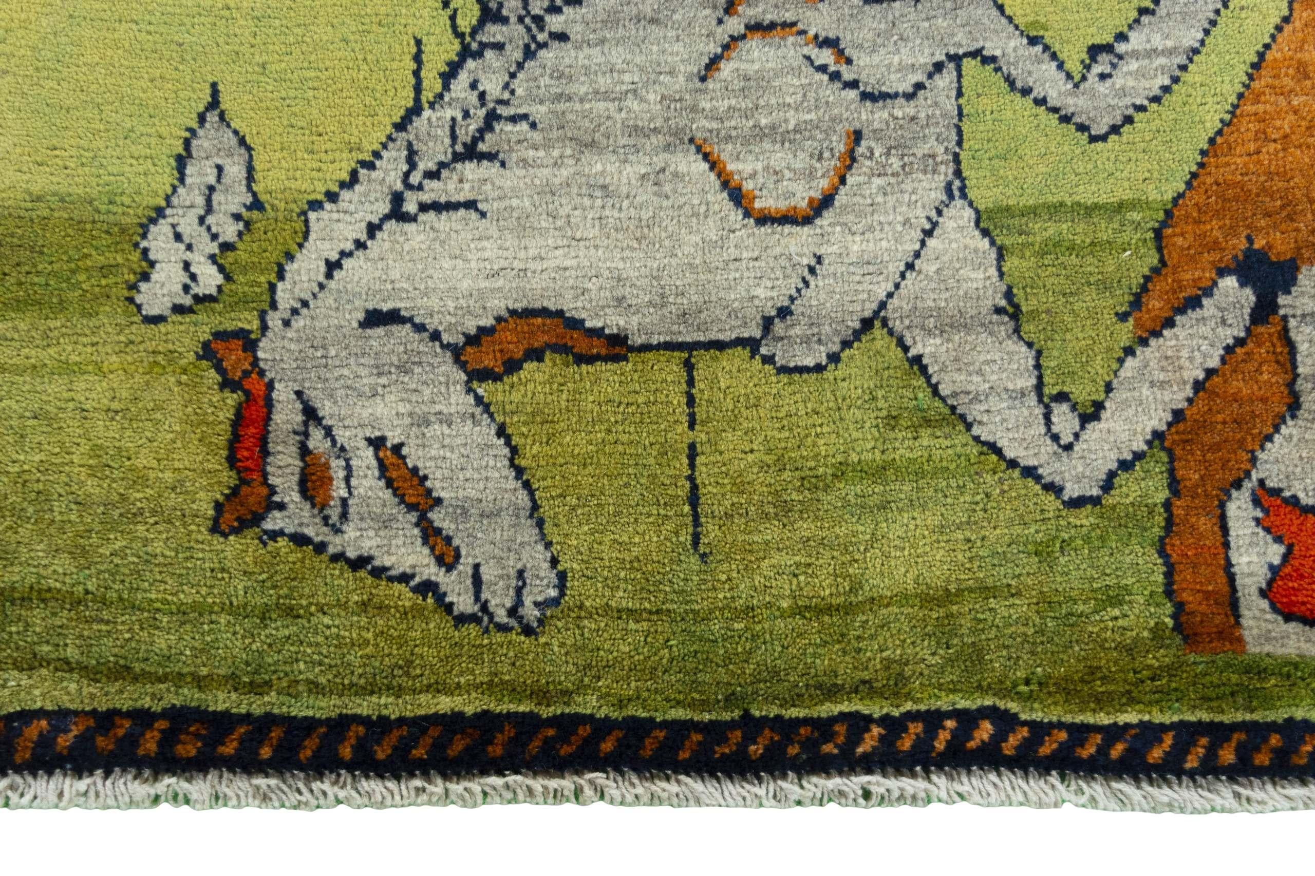 Persischer Gabbeh-Teppich (201cm x 95 cm, Pferdemotiv, grün, neu) (Ende des 20. Jahrhunderts) im Angebot