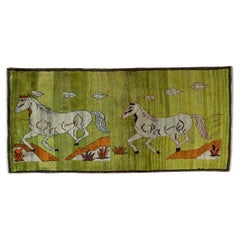 Persian Gabbeh Rug (201cm x 95 cm, horse motif, green, new)