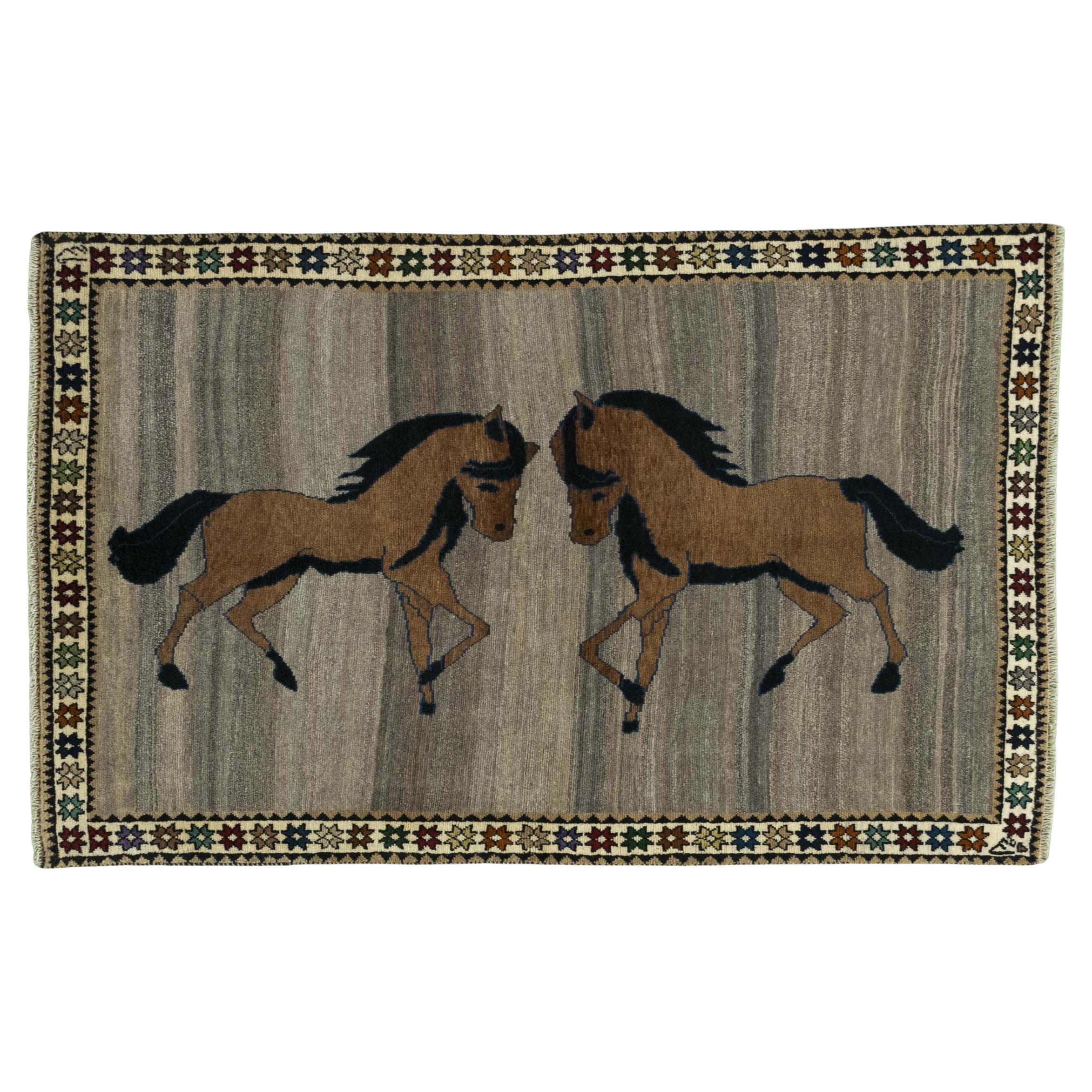 Persian Gabbeh Rug (212cm x 133 cm, horse motif, grey-brown, new)