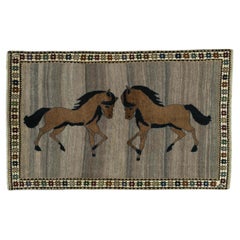 Persian Gabbeh Rug (212cm x 133 cm, horse motif, grey-brown, new)