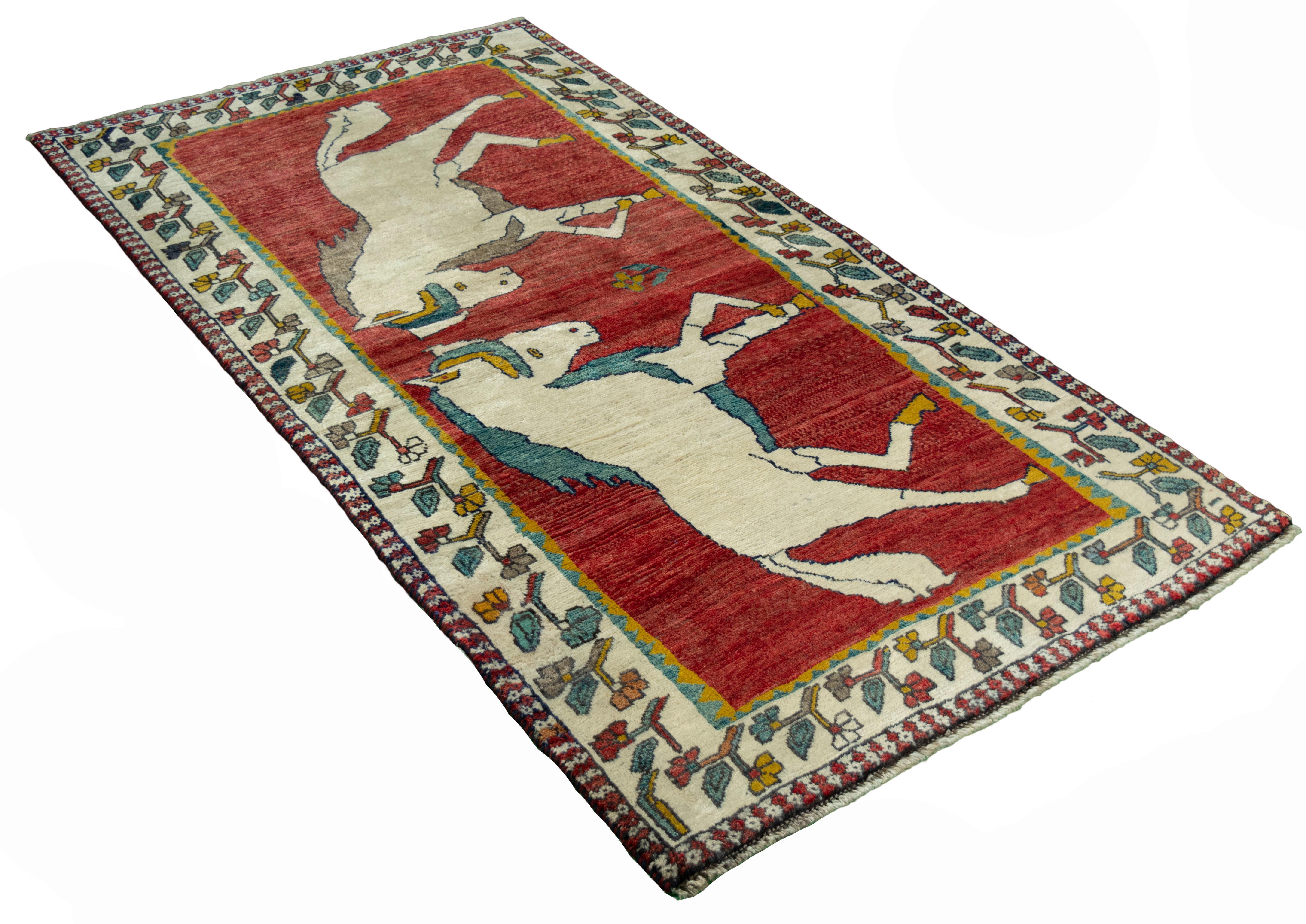Hand-Knotted Persian Gabbeh Rug (217cm x 115 cm, horse motif, red, new) For Sale
