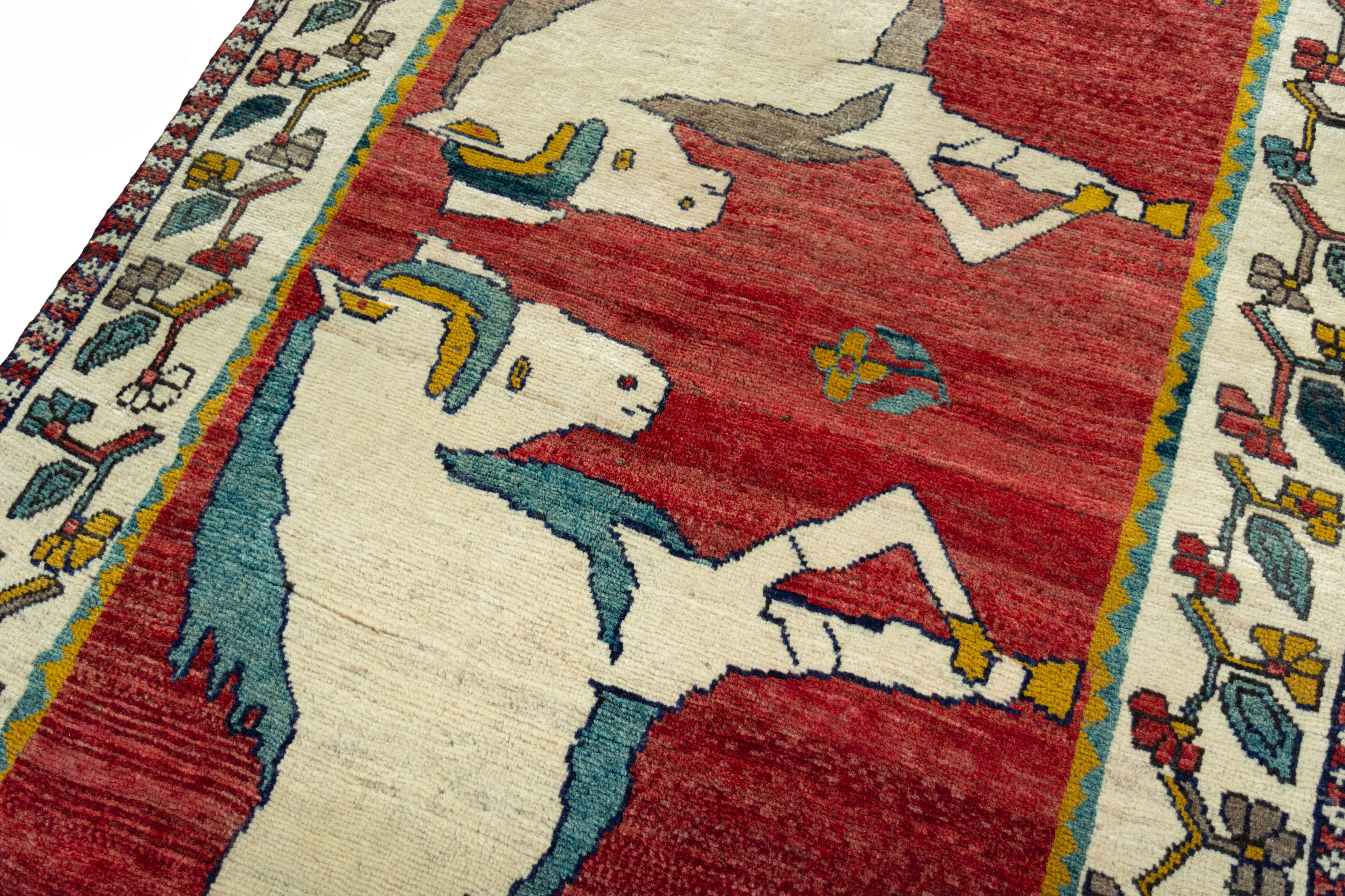 Late 20th Century Persian Gabbeh Rug (217cm x 115 cm, horse motif, red, new) For Sale