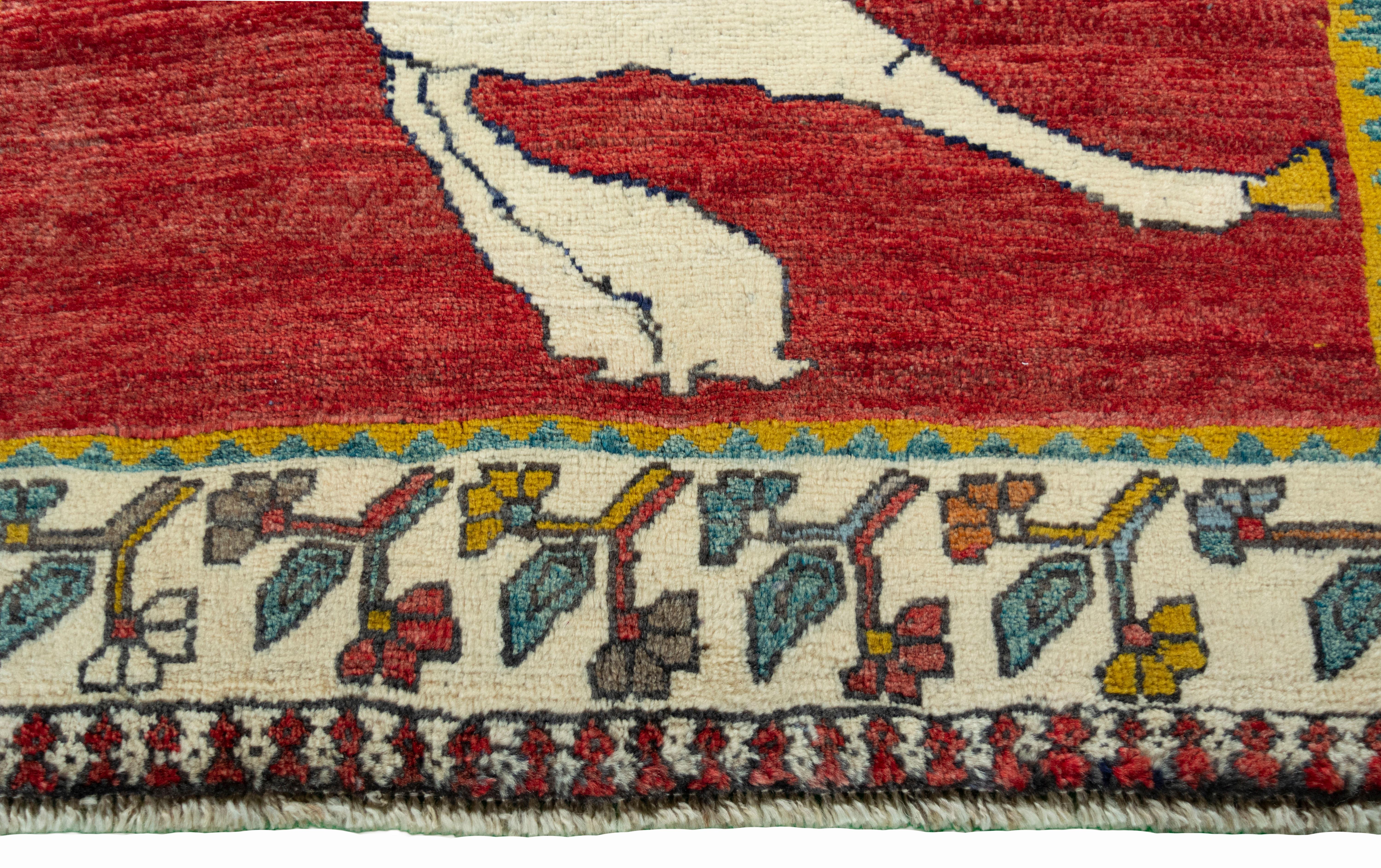 Wool Persian Gabbeh Rug (217cm x 115 cm, horse motif, red, new) For Sale
