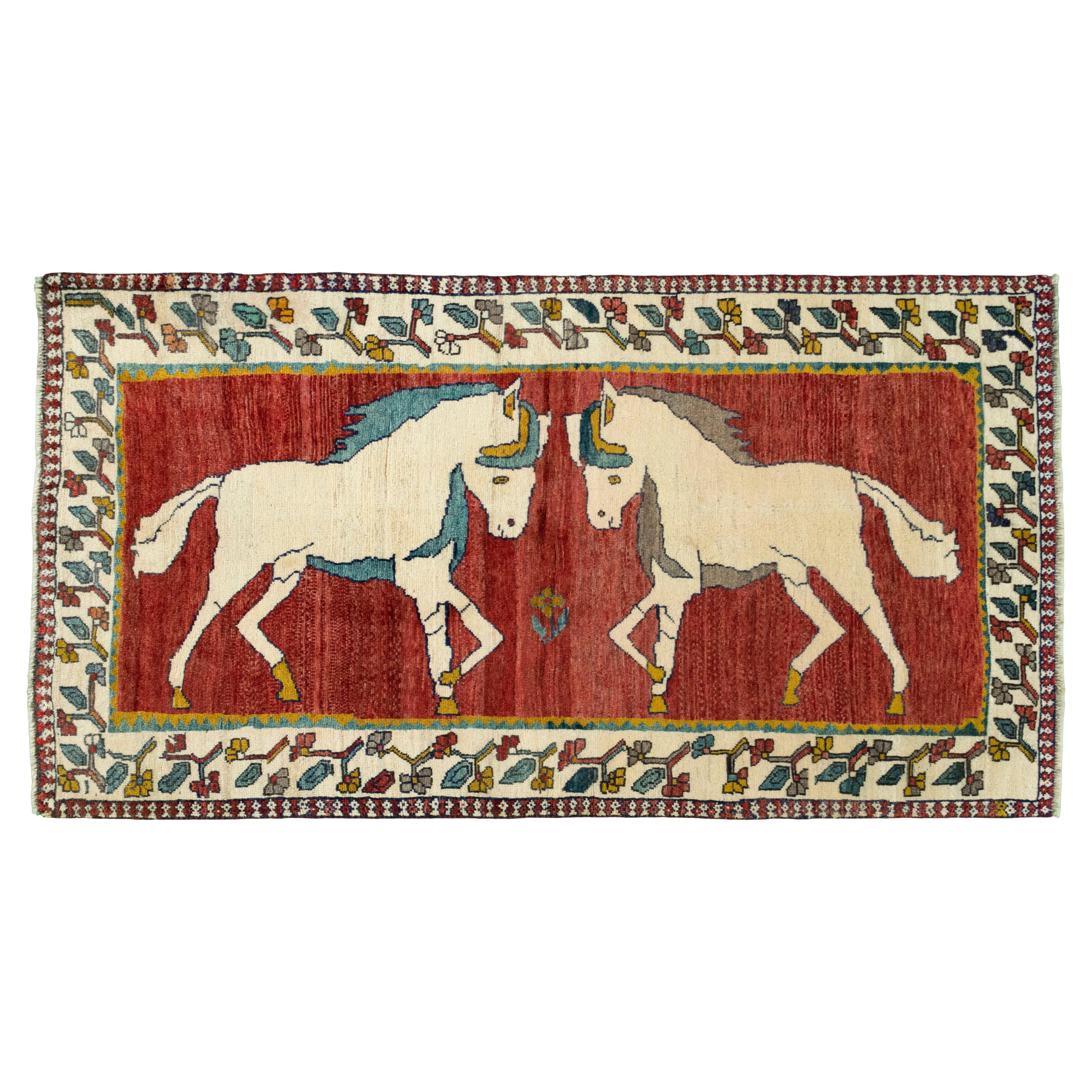 Persian Gabbeh Rug (217cm x 115 cm, horse motif, red, new) For Sale