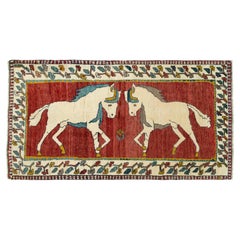 Persian Gabbeh Rug (217cm x 115 cm, horse motif, red, new)