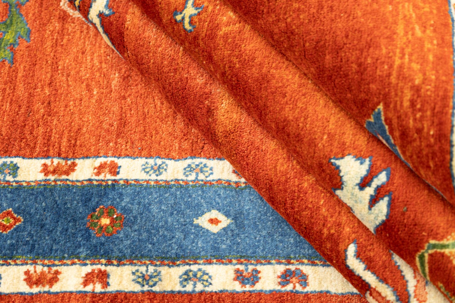 Persischer Gabbeh-Teppich, handgeknüpft, 8,4 × 5,6 Fuß - Rot, Blau, Elfenbein und Grün im Angebot 1