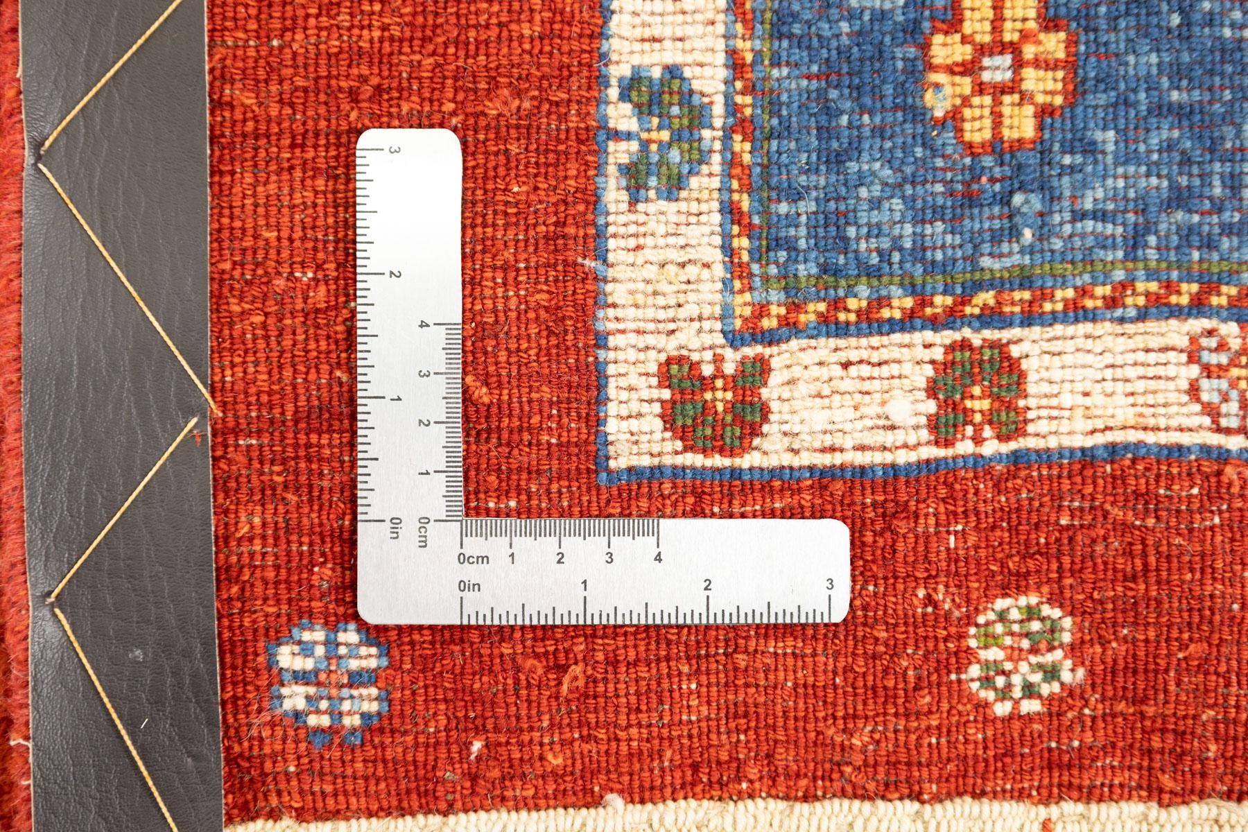 Persischer Gabbeh-Teppich, handgeknüpft, 8,4 × 5,6 Fuß - Rot, Blau, Elfenbein und Grün im Angebot 2