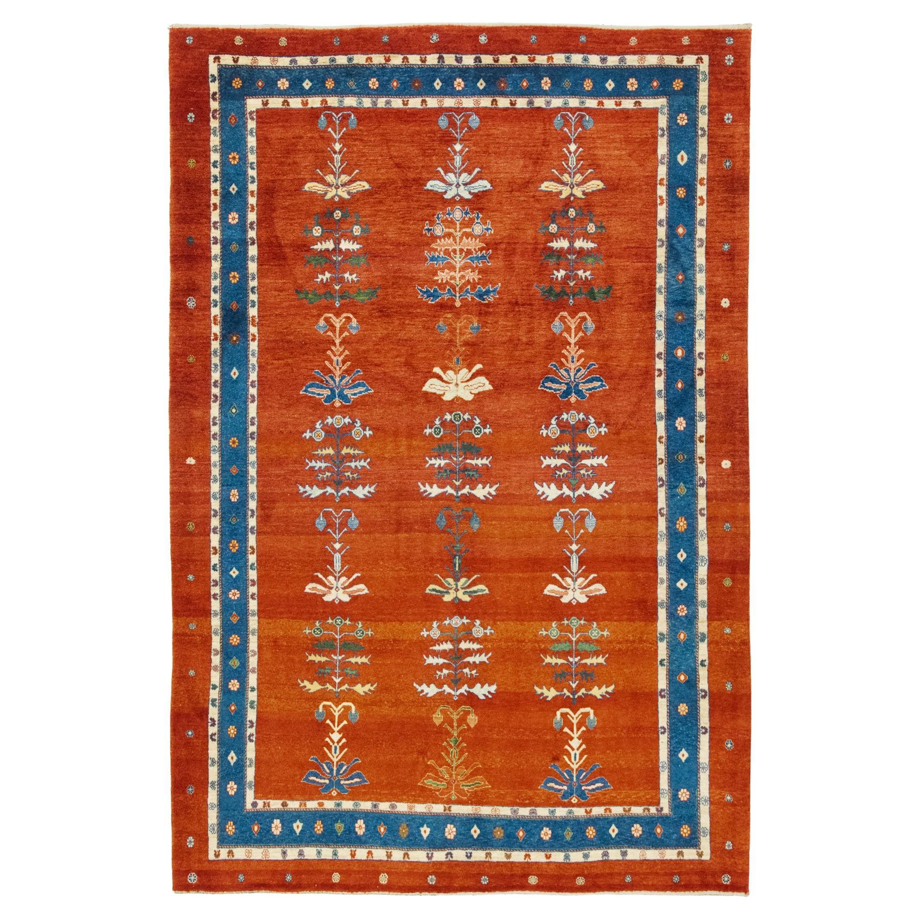 Tappeto persiano Gabbeh, annodato a mano, 8,4 × 5,6 piedi - Rosso, blu, avorio e verde