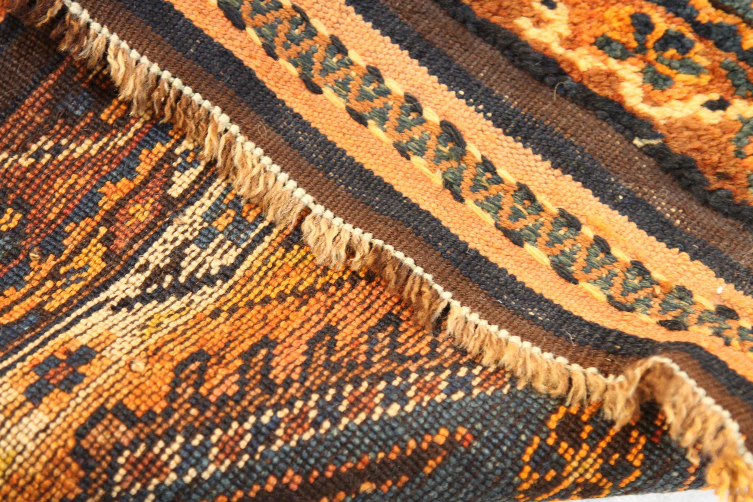 Asiatique Tapis de course persan Gabbeh - Laine ivoire bleu marine bleu orange - 75154 en vente
