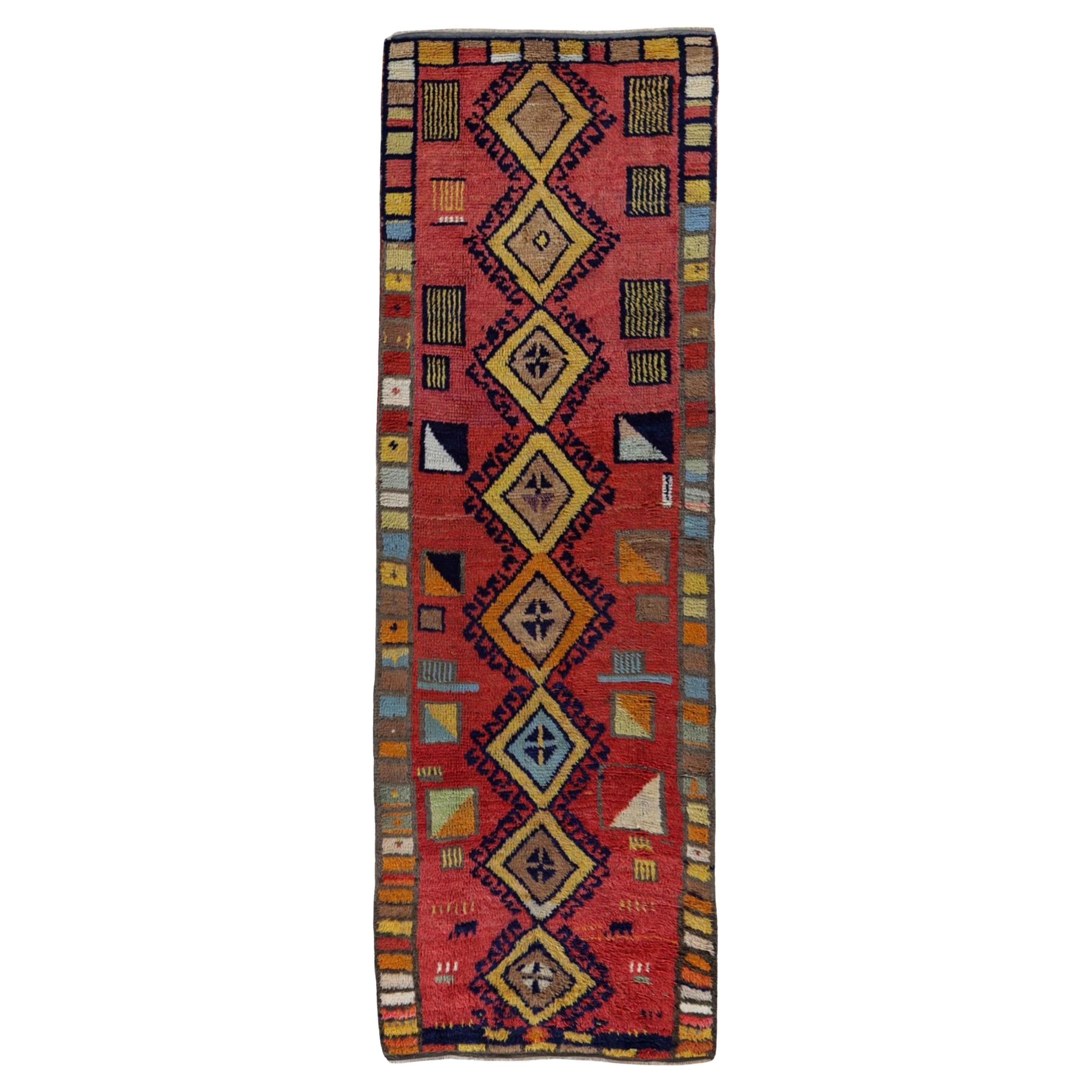 Persian Gabbeh Runner Rug Circa 1910 - Wool Orange Pink Red Yellow - 91236 For Sale