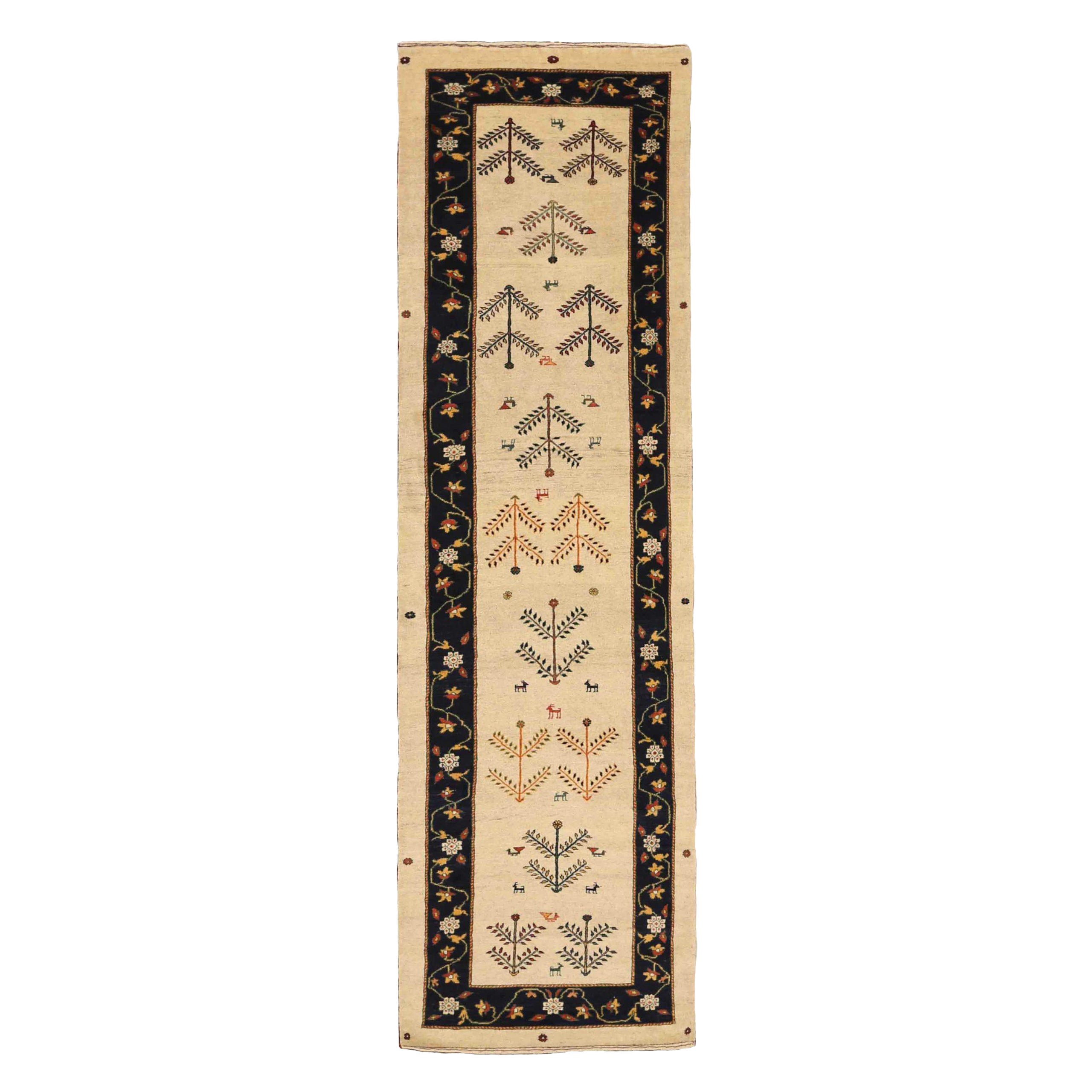 Persian Gabbeh Runner Rug Circa 1940 - Wool Black Ivory Red 72321
