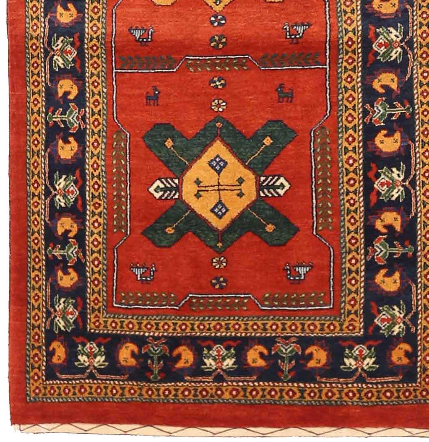Asiatique Tapis de couloir persan Gabbeh vers 1940 - Laine bleu vert rouge jaune 72323 en vente