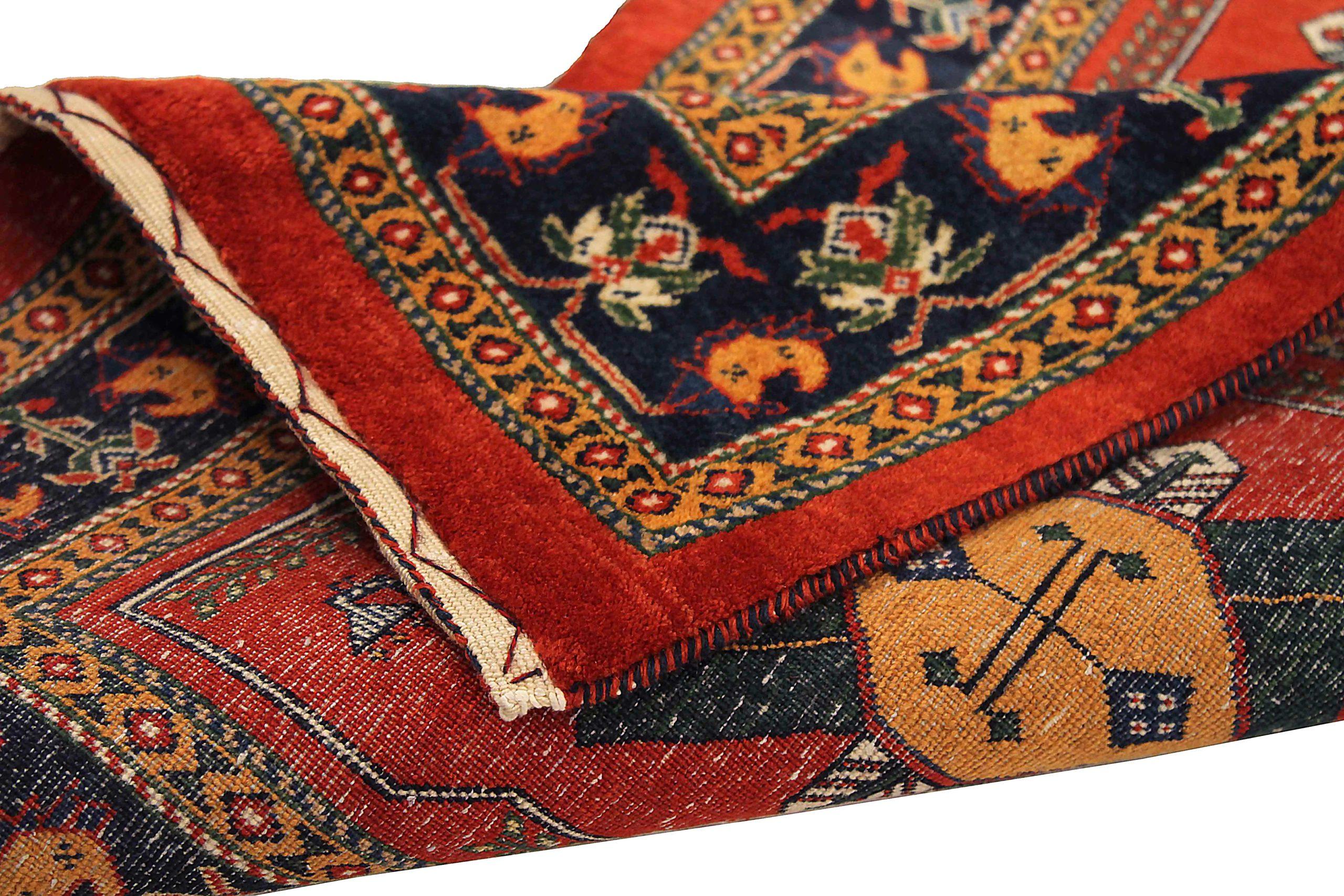 Tapis de couloir persan Gabbeh vers 1940 - Laine bleu vert rouge jaune 72323 Excellent état - En vente à Dallas, TX