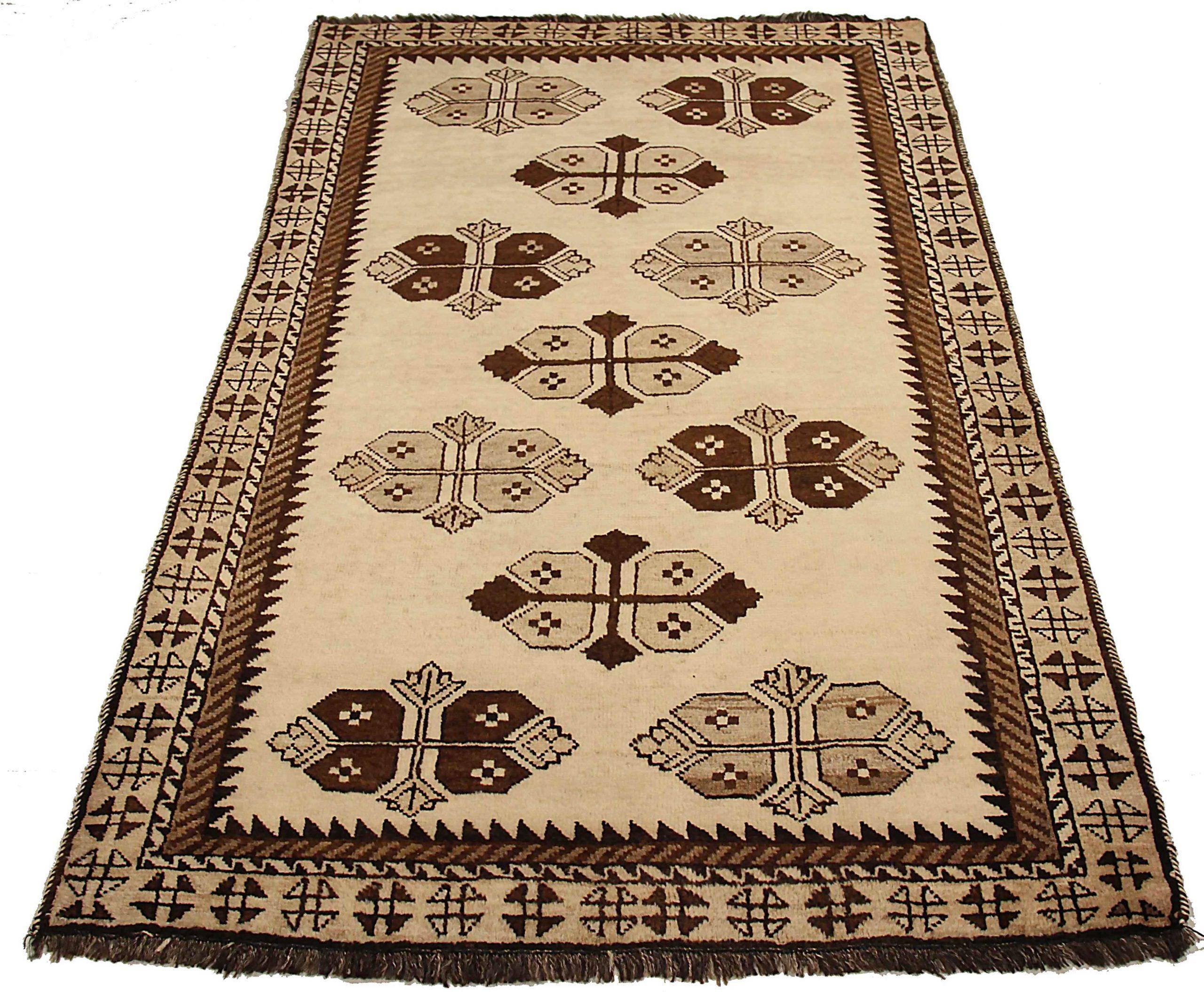 Entdecken Sie die Eleganz des persischen Gabbeh mit dem kleinen Teppich CIRCA 1940. Dieses exklusive Design aus Wolle und Braun-Elfenbein ist perfekt, um Ihren Raum zu verschönern.