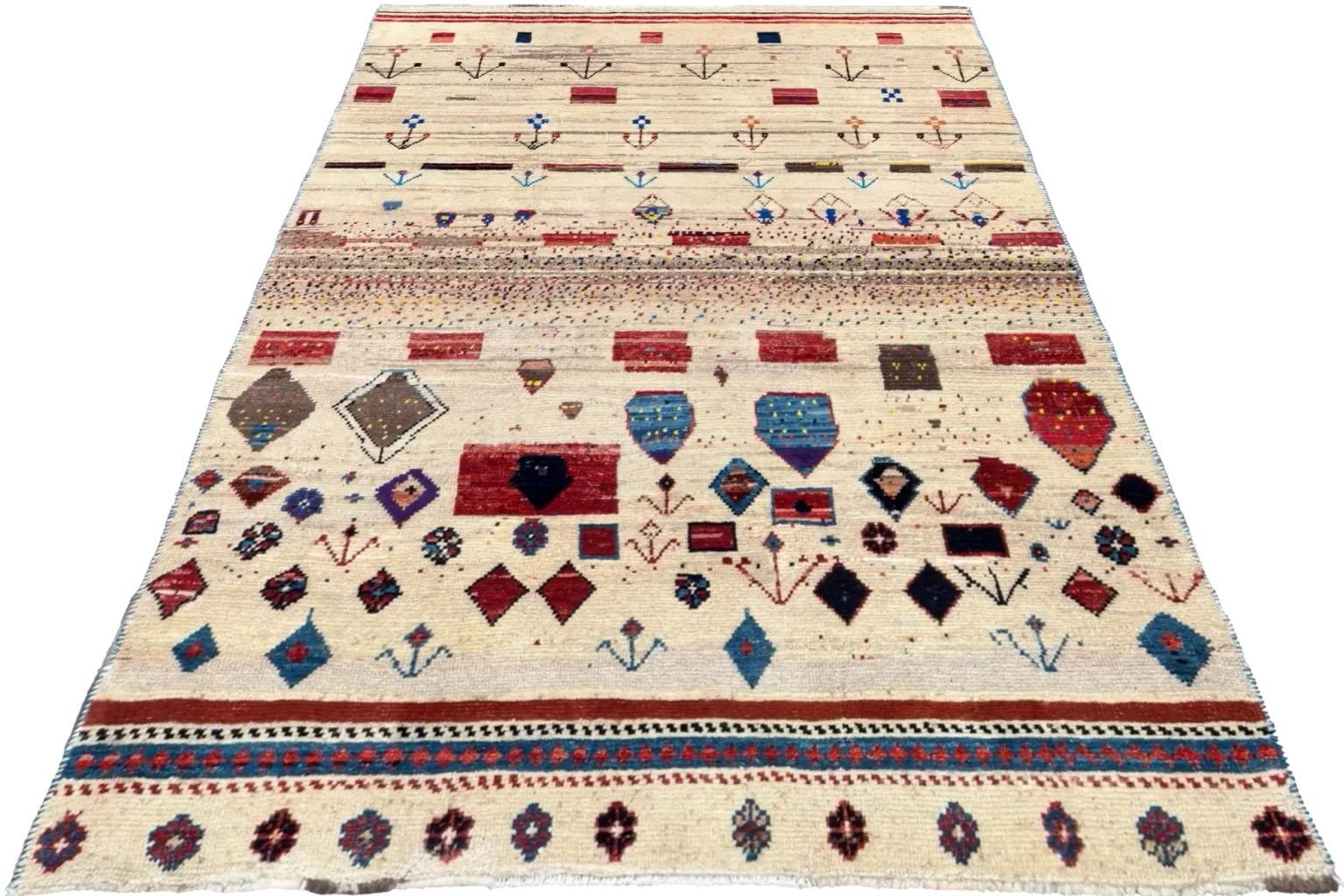 Hand-Woven Persian Gabbeh Small Rug -Ivory Design - ( 41 x 61 ) For Sale