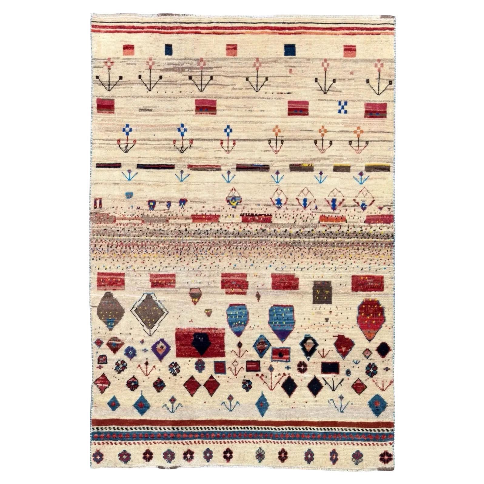Petit tapis persan Gabbeh - Design en laine ivoire - 96700
