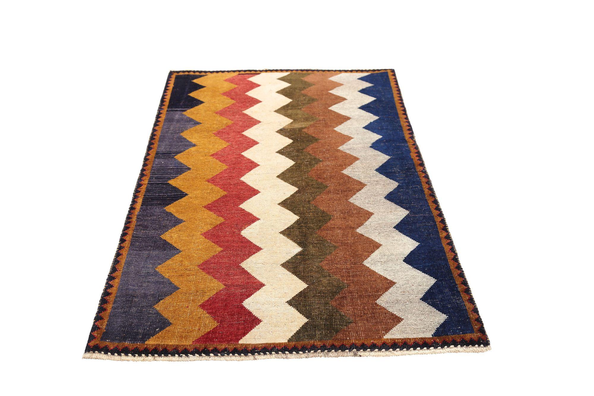 Persischer Gabbeh Kleiner Teppich - Wolle Blau Braun Grün Elfenbein Rot - 97068 (Stammeskunst) im Angebot
