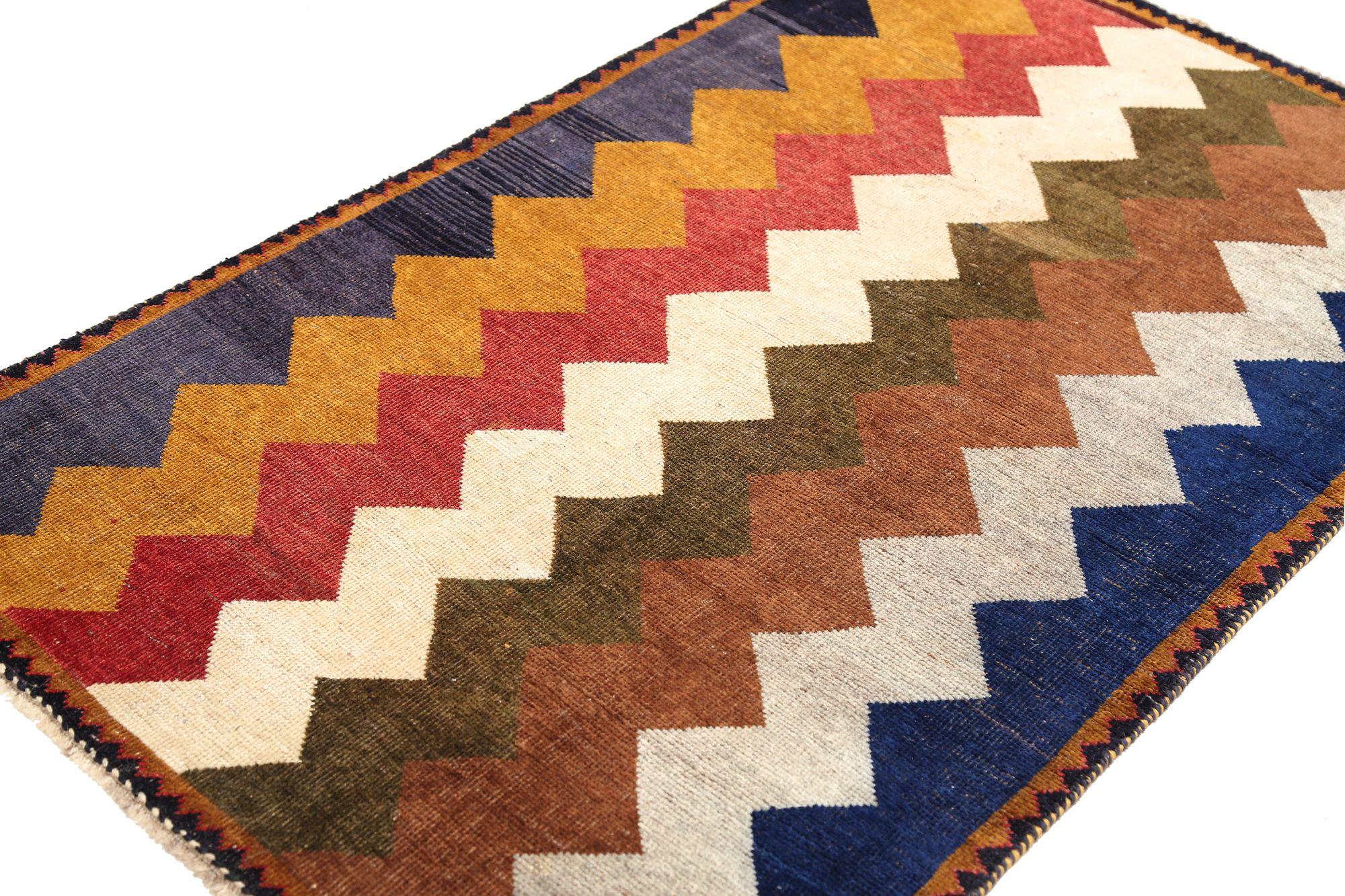 Persischer Gabbeh Kleiner Teppich - Wolle Blau Braun Grün Elfenbein Rot - 97068 (Irakisch) im Angebot