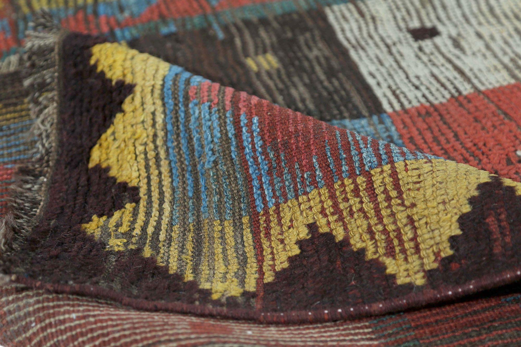 Tribal Persian Gabbeh Small Rug - Wool Blue Brown Ivory Red Yellow - 96769 For Sale