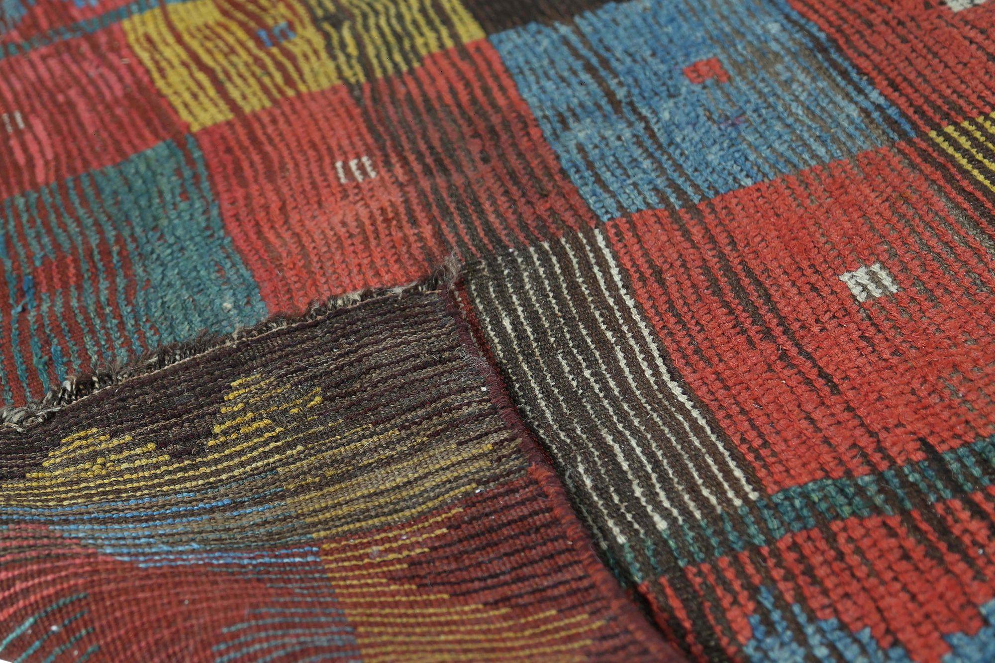 Persian Gabbeh Small Rug - Wool Blue Brown Ivory Red Yellow - 96769 In Excellent Condition For Sale In Dallas, TX