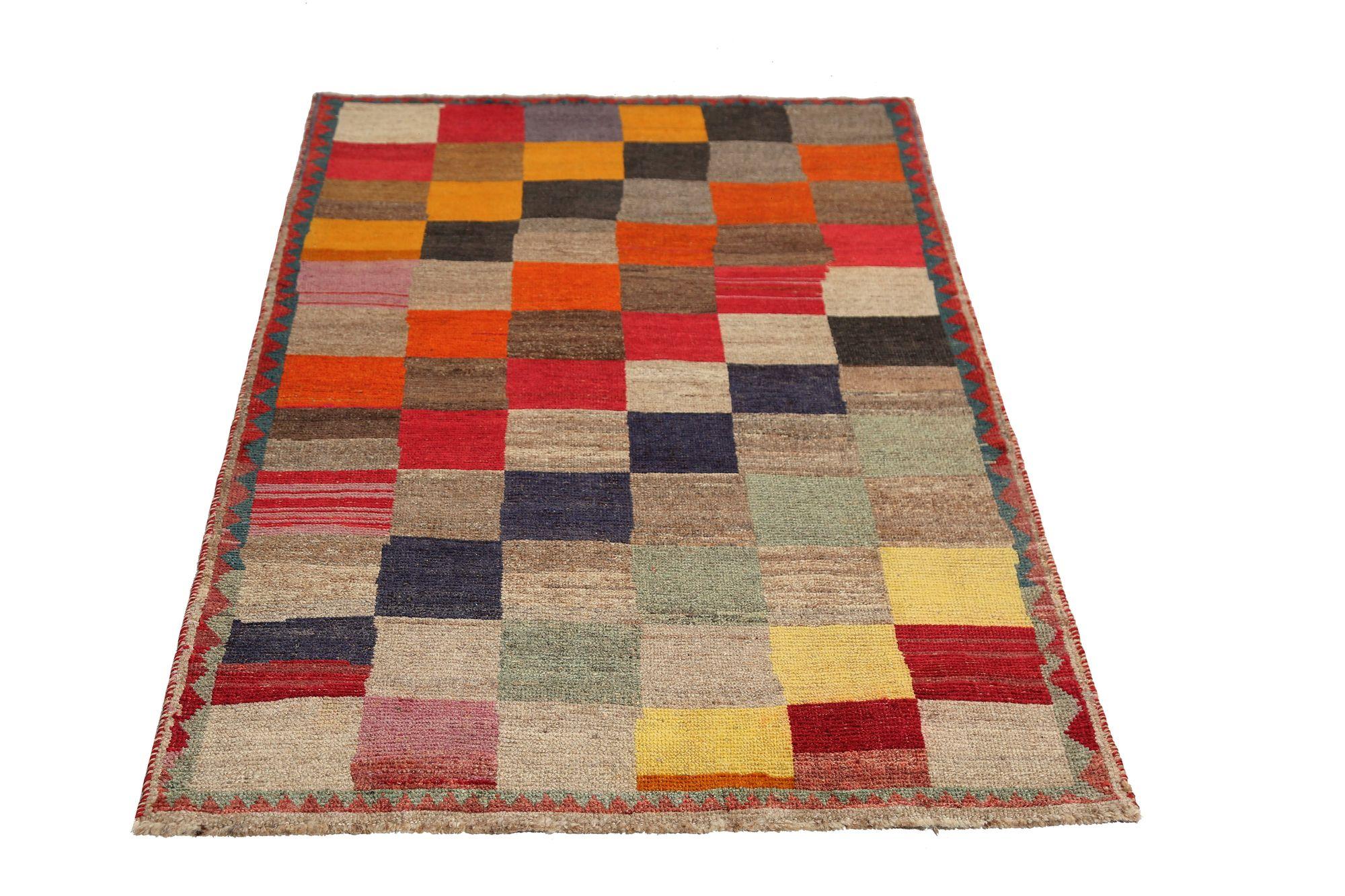 Persischer Gabbeh Kleiner Teppich - Wolle Blau Braun Elfenbein Rot Gelb - 97079 (Stammeskunst) im Angebot