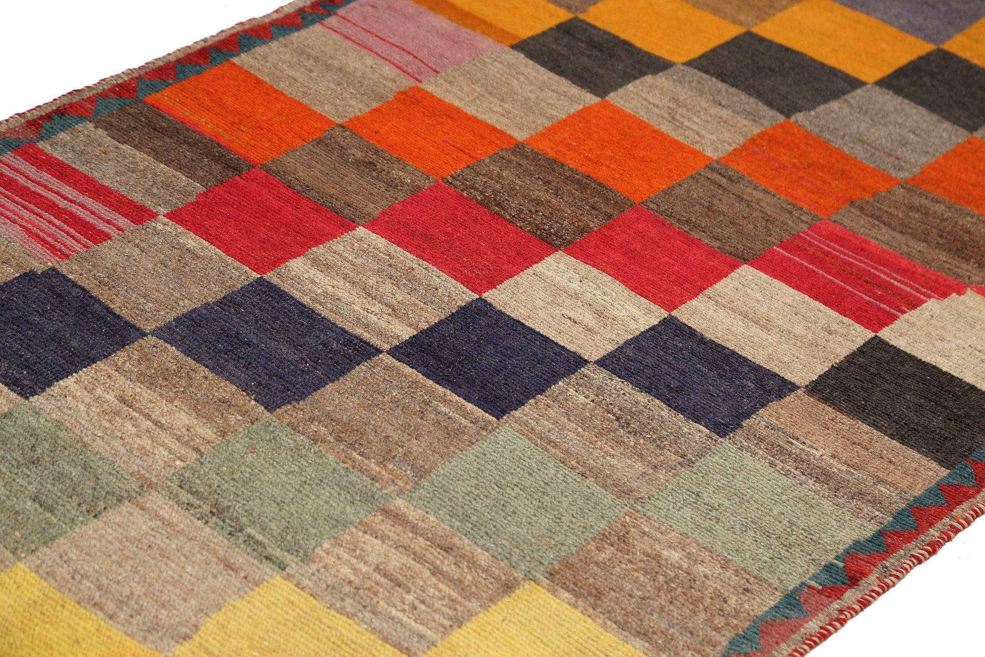 Persischer Gabbeh Kleiner Teppich - Wolle Blau Braun Elfenbein Rot Gelb - 97079 (Irakisch) im Angebot