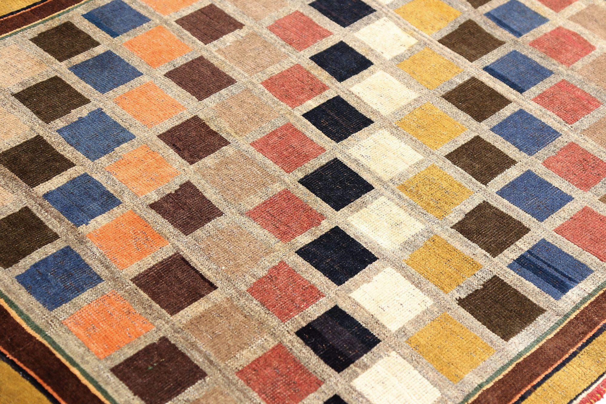 Irakien Petit tapis persan Gabbeh - Laine bleu vert ivoire rose jaune - 96939 en vente
