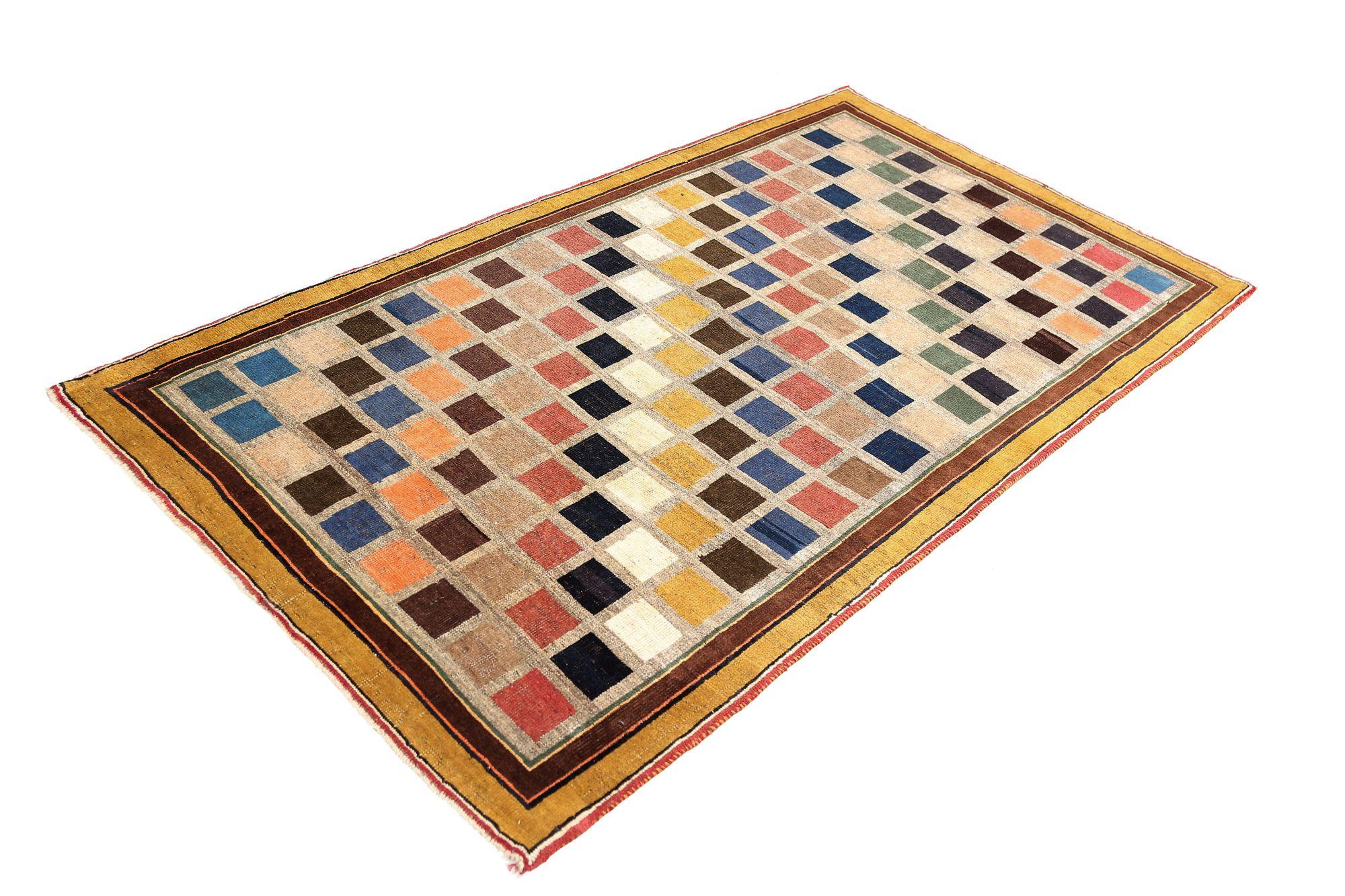 20ième siècle Petit tapis persan Gabbeh - Laine bleu vert ivoire rose jaune - 96939 en vente