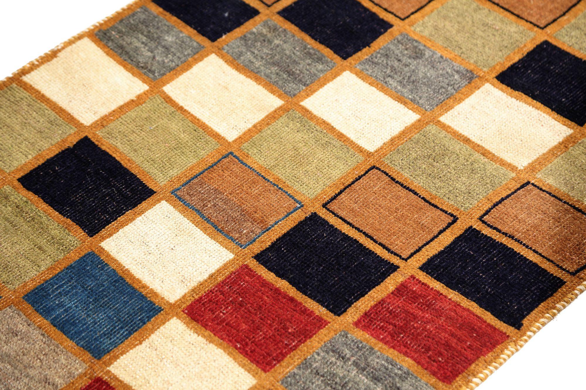 Persischer Gabbeh Kleiner Teppich - Wolle Blau Grün Orange Rot Design - 97064 (20. Jahrhundert) im Angebot