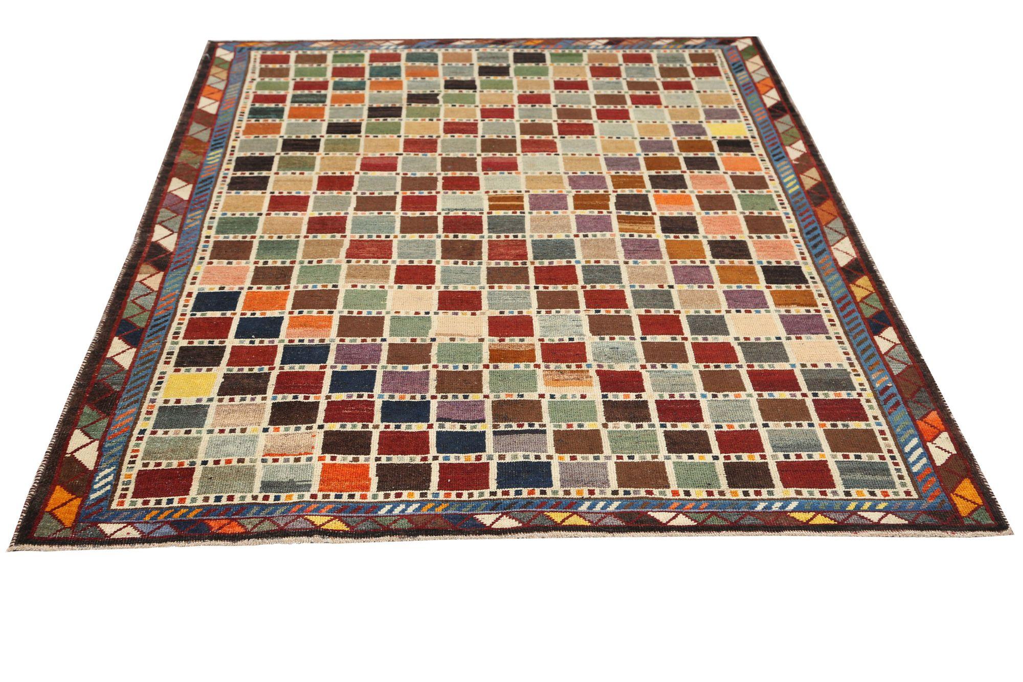 Tribal Petit tapis persan Gabbeh - Laine bleu vert orange rouge jaune - 97098 en vente
