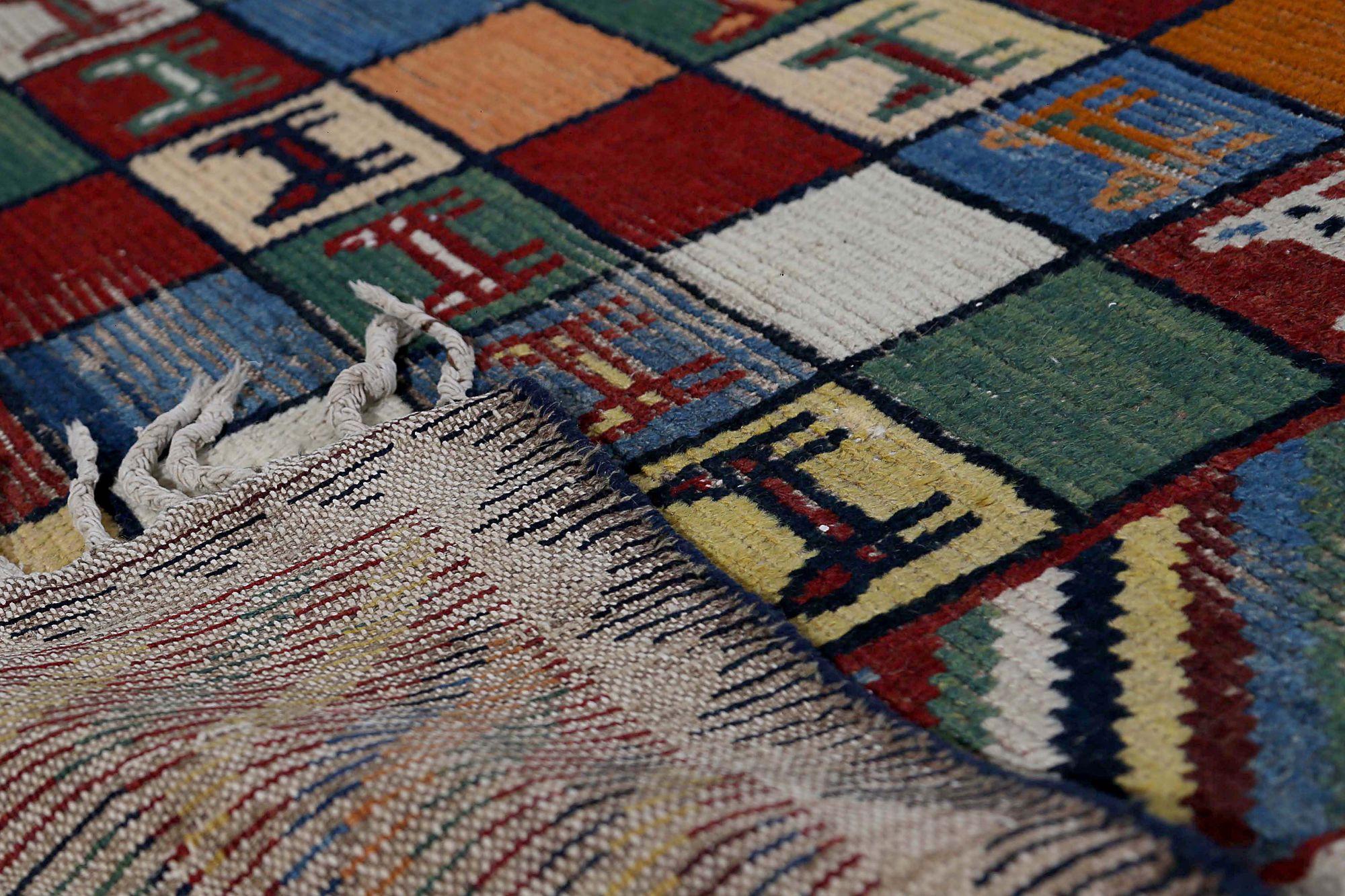 Irakien Petit tapis persan Gabbeh - Design en laine bleu orange rouge jaune - 96897 en vente