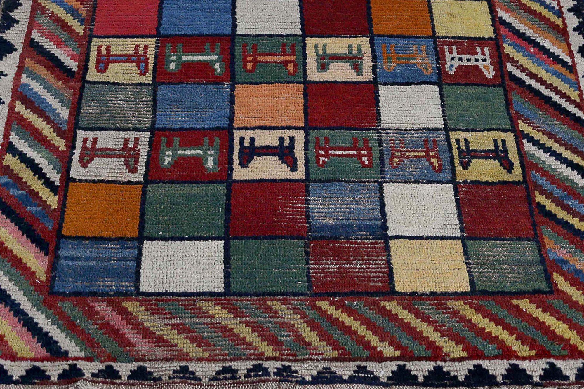Petit tapis persan Gabbeh - Design en laine bleu orange rouge jaune - 96897 Excellent état - En vente à Dallas, TX