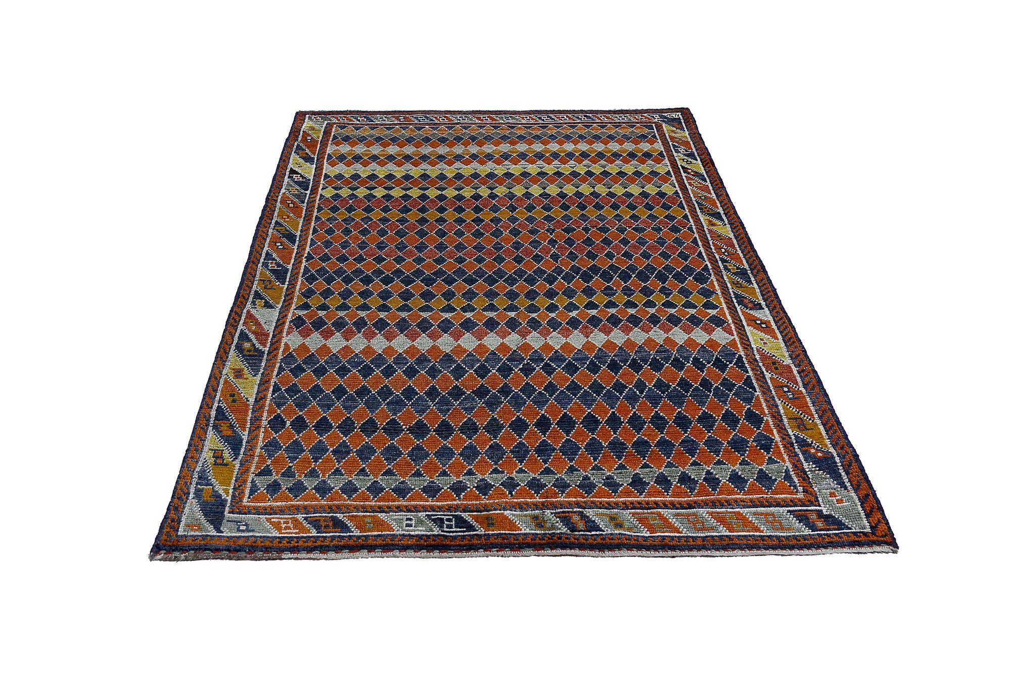 Persischer Gabbeh Kleiner Teppich - Wolle Blau Orange Rot Gelb Design - 96910 im Zustand „Hervorragend“ im Angebot in Dallas, TX