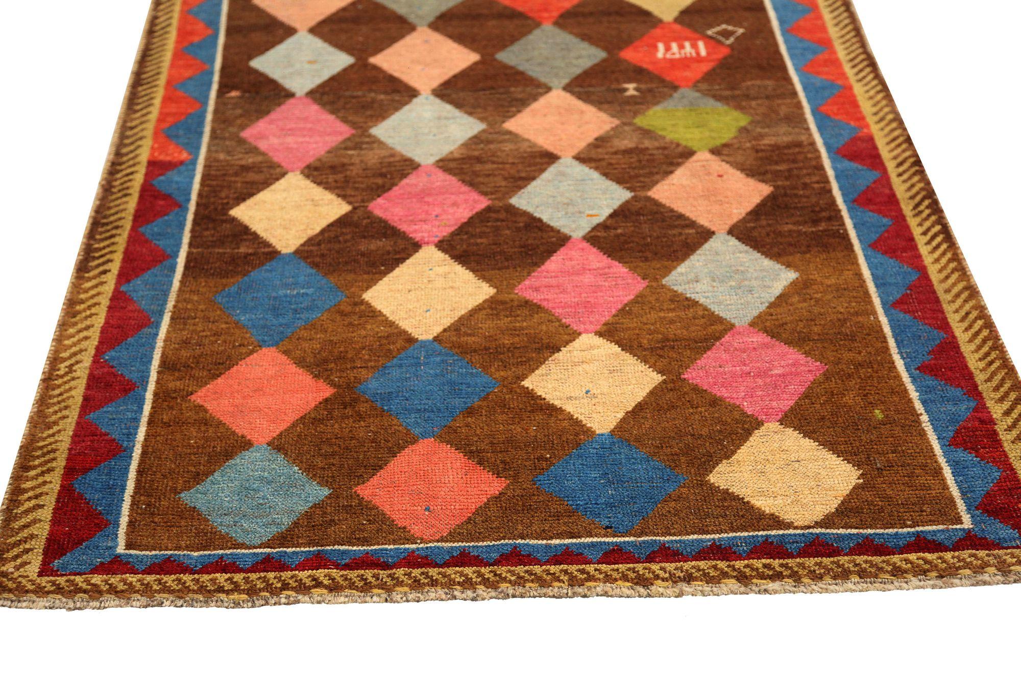 Persischer Gabbeh Small Teppich - Wolle Braun Rosa Rot Gelb Design - 96960 (Stammeskunst) im Angebot