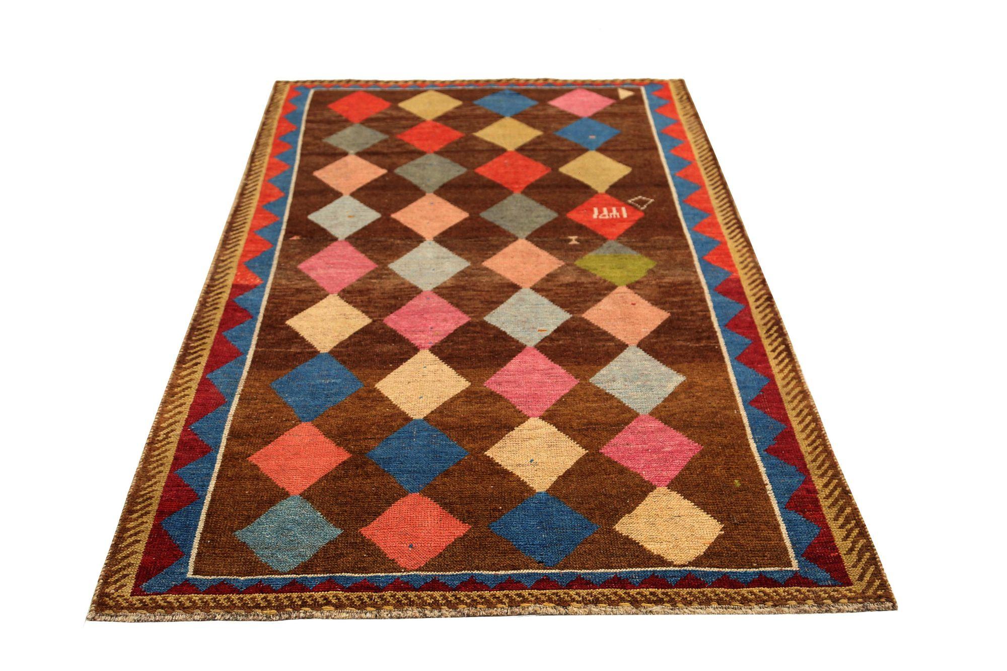 Persischer Gabbeh Small Teppich - Wolle Braun Rosa Rot Gelb Design - 96960 (Irakisch) im Angebot
