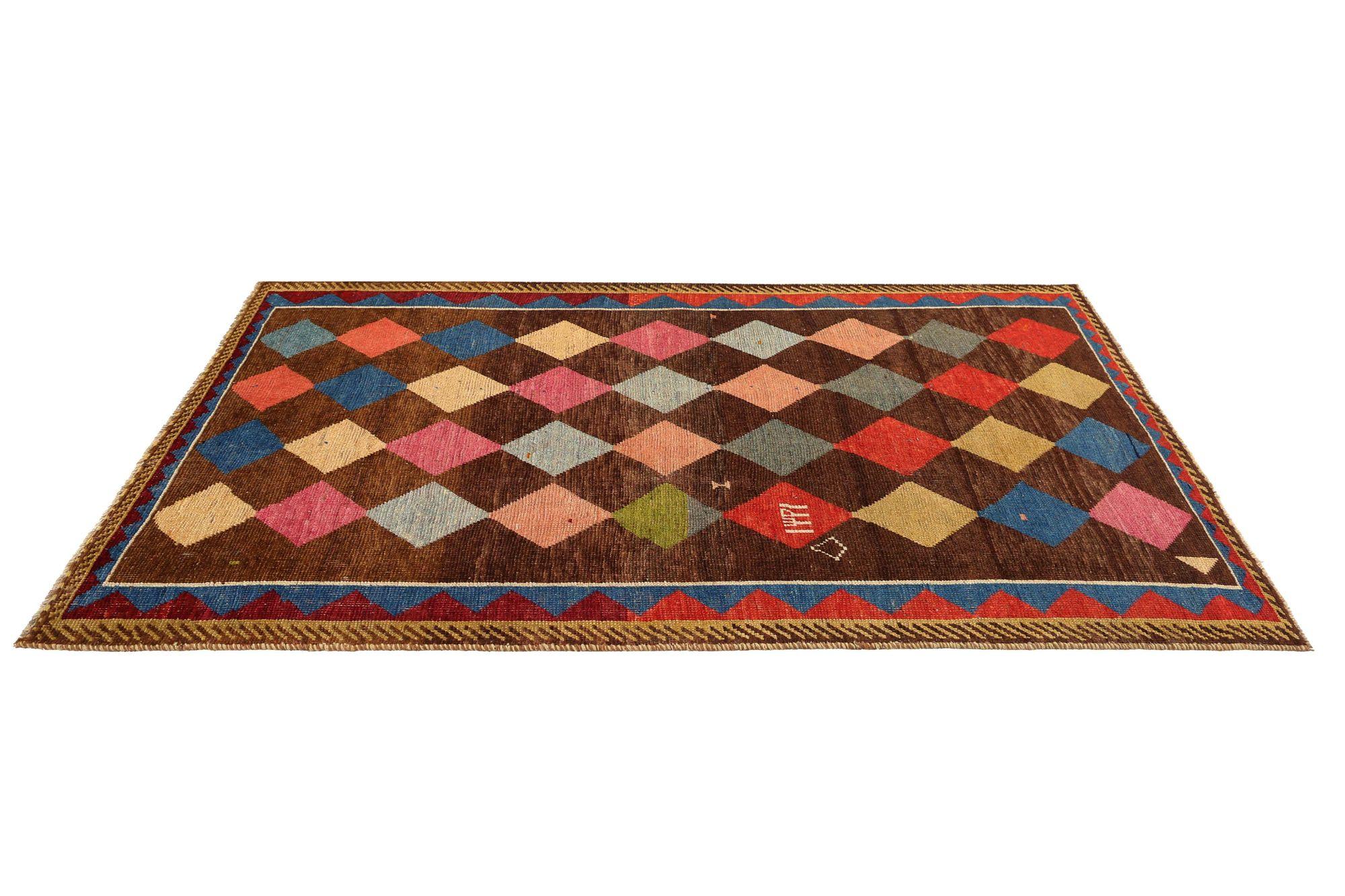 Persischer Gabbeh Small Teppich - Wolle Braun Rosa Rot Gelb Design - 96960 im Zustand „Hervorragend“ im Angebot in Dallas, TX
