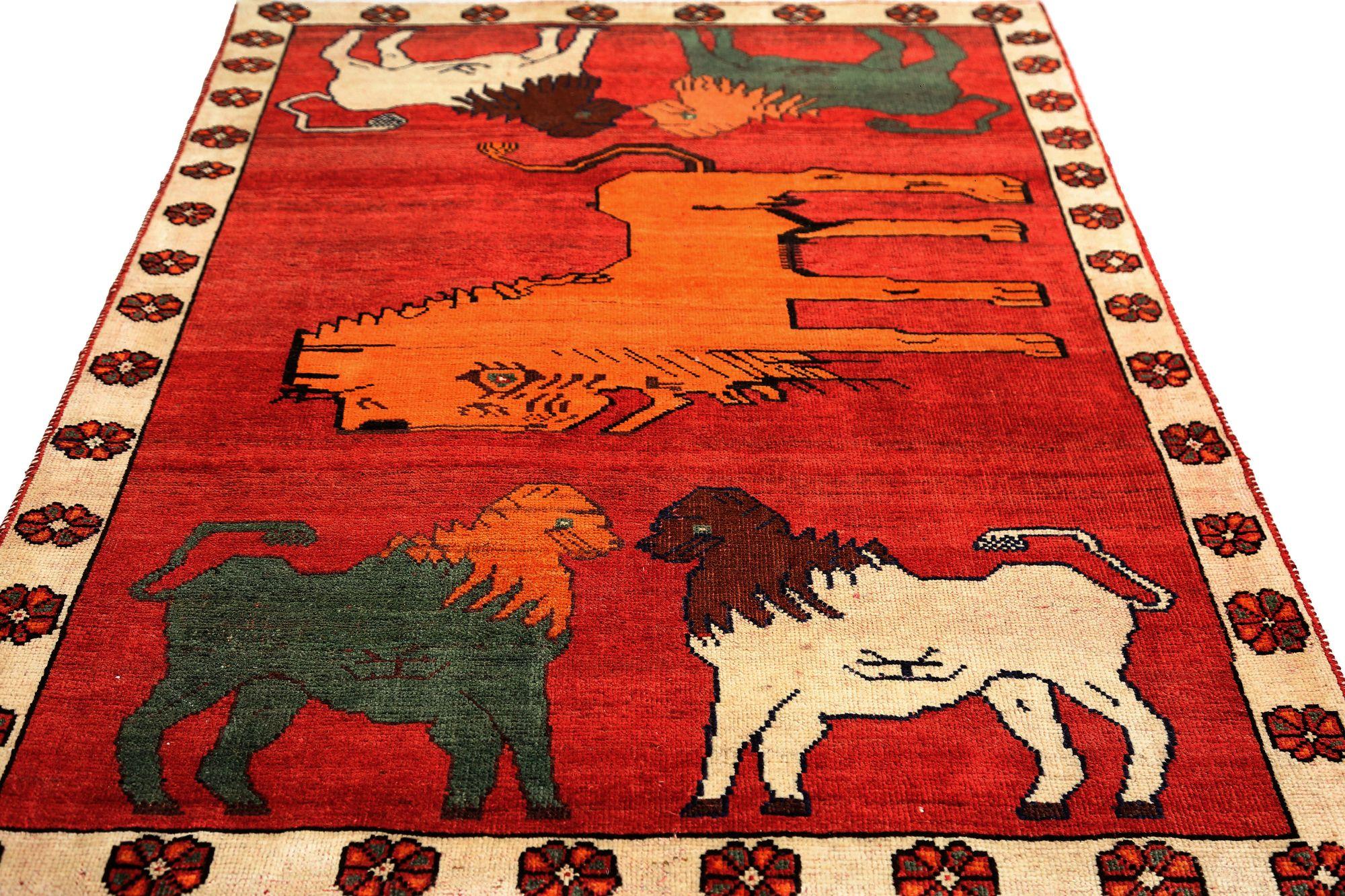 Persischer Gabbeh Kleiner Teppich - Wolle Grün Orange Rot Design - 97069 (Stammeskunst) im Angebot