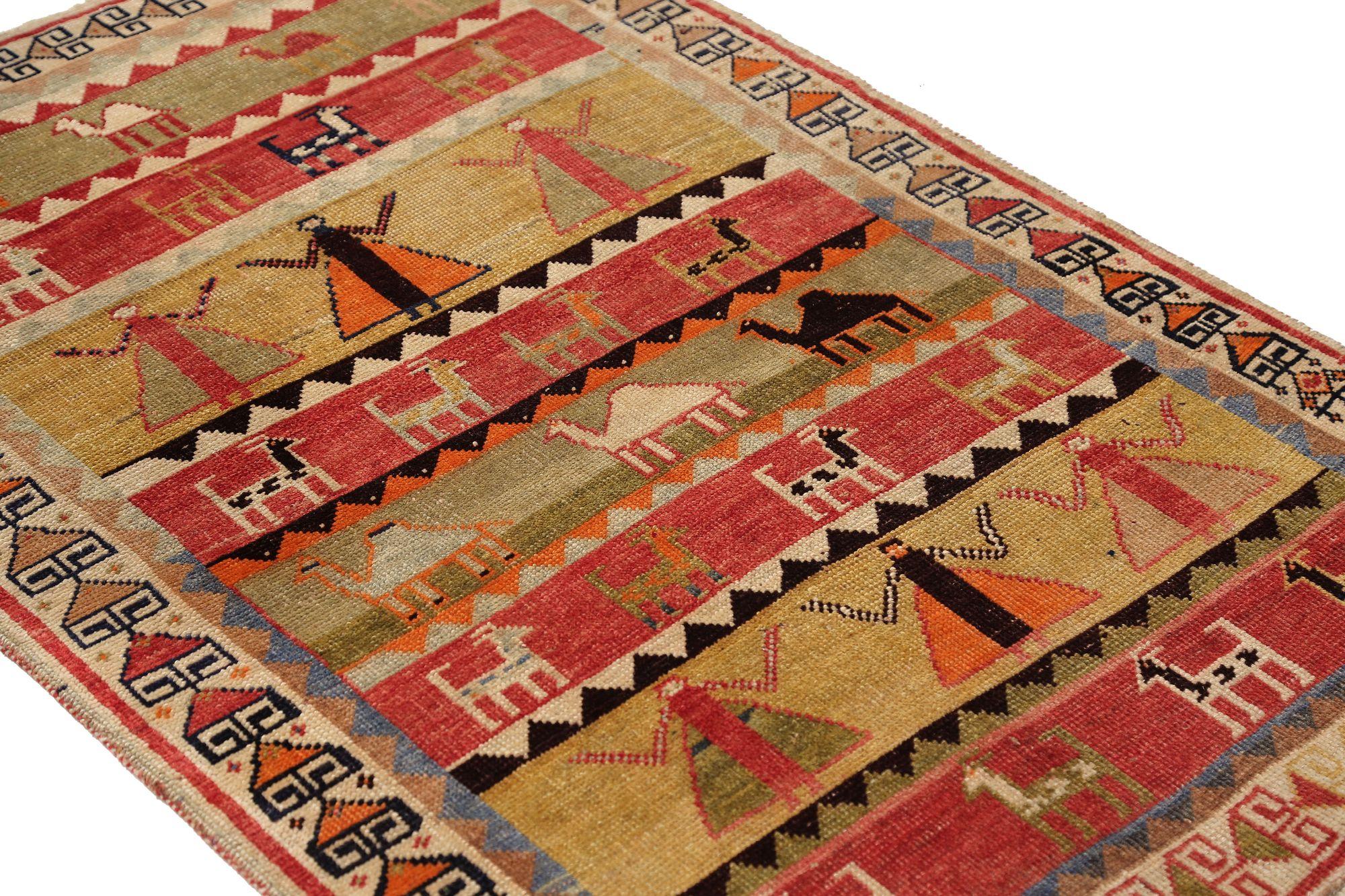 Persischer Gabbeh Small Teppich - Wolle Grün Rot Gelb Design - 97067 (Stammeskunst) im Angebot