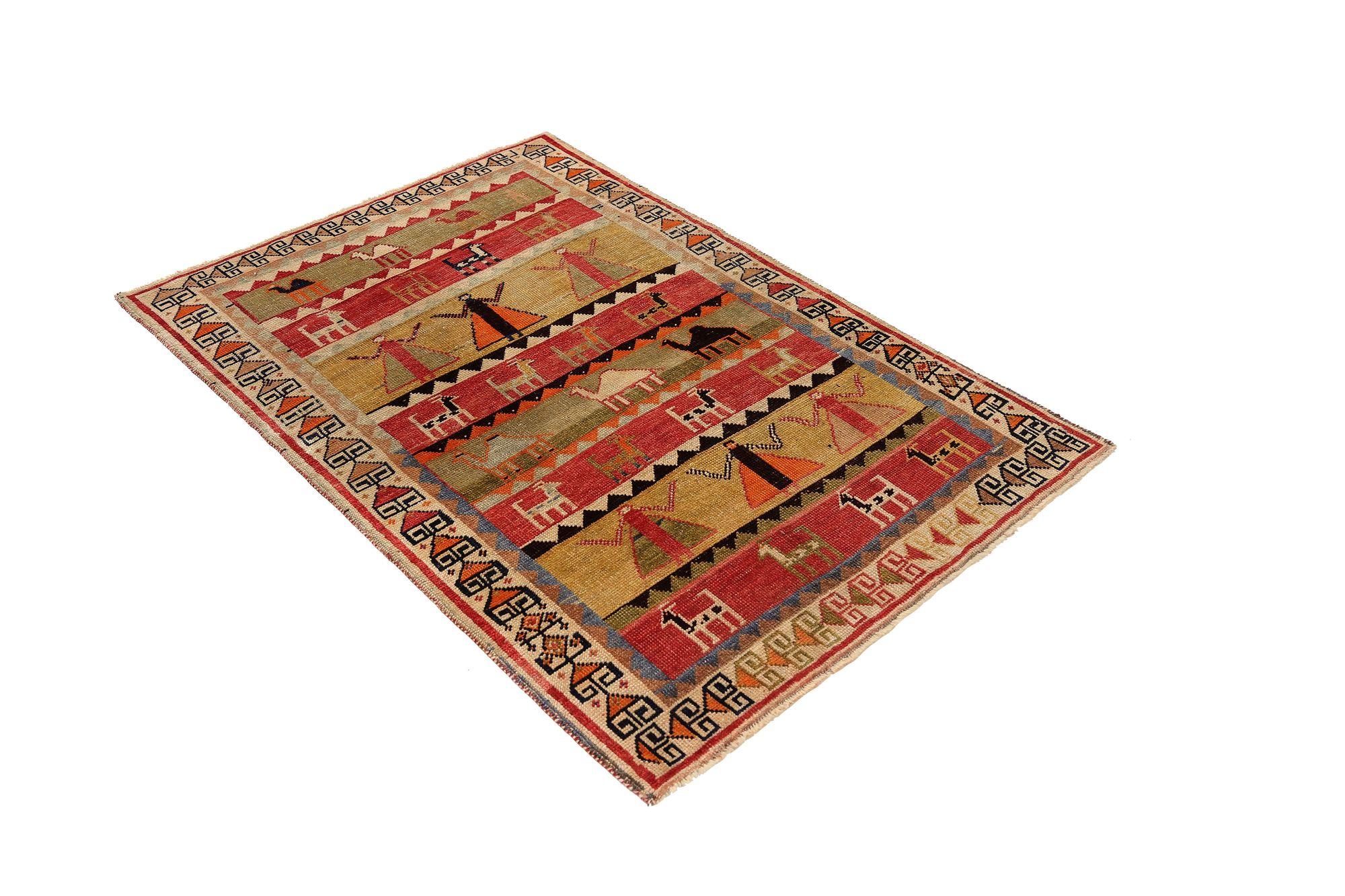 Persischer Gabbeh Small Teppich - Wolle Grün Rot Gelb Design - 97067 im Zustand „Hervorragend“ im Angebot in Dallas, TX