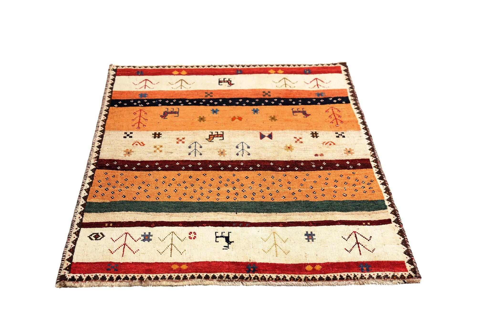 Persischer Gabbeh Kleiner Teppich - Wolle Elfenbein Orange Design - 97062 (Stammeskunst) im Angebot