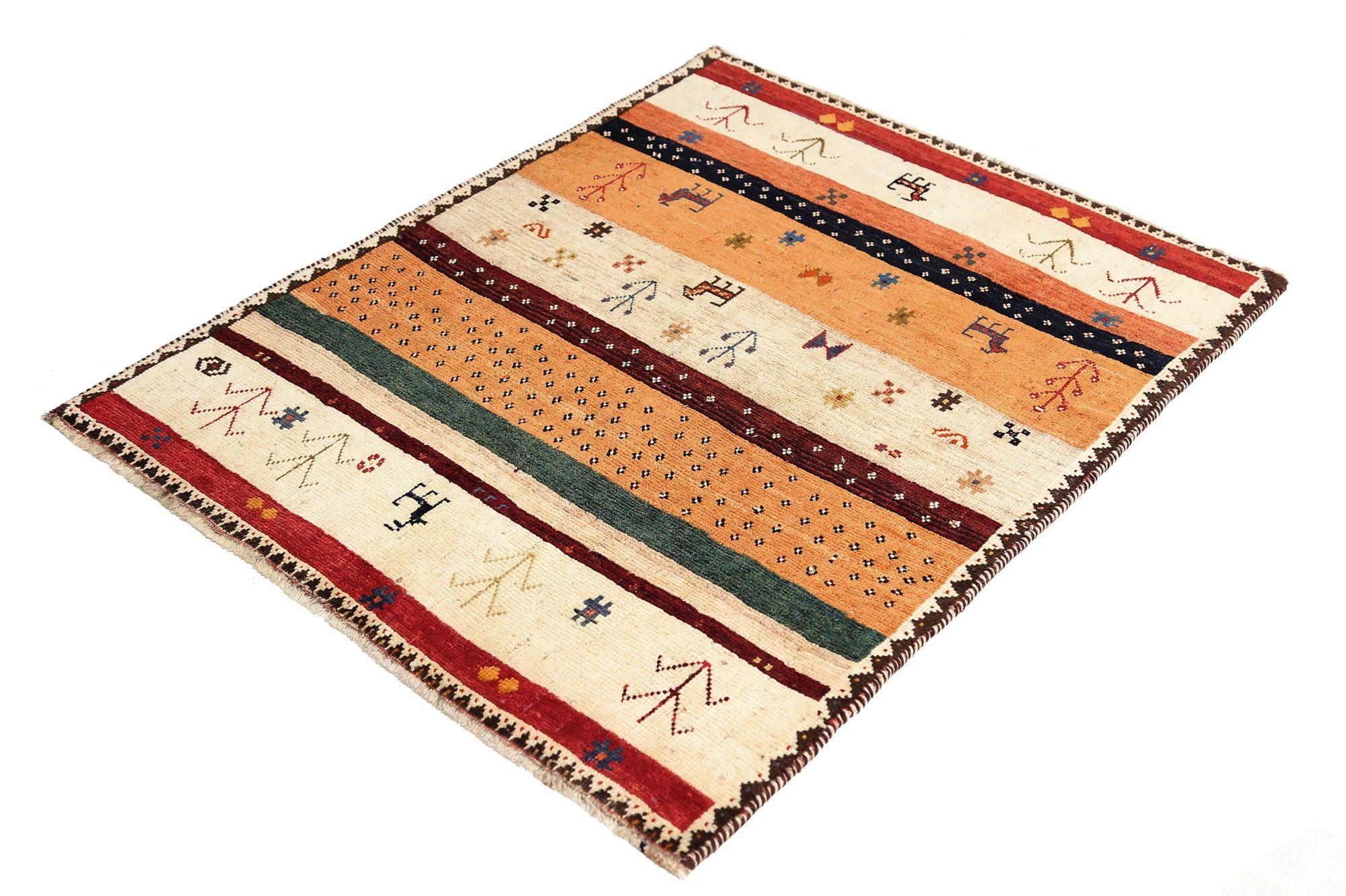 Persischer Gabbeh Kleiner Teppich - Wolle Elfenbein Orange Design - 97062 (Irakisch) im Angebot